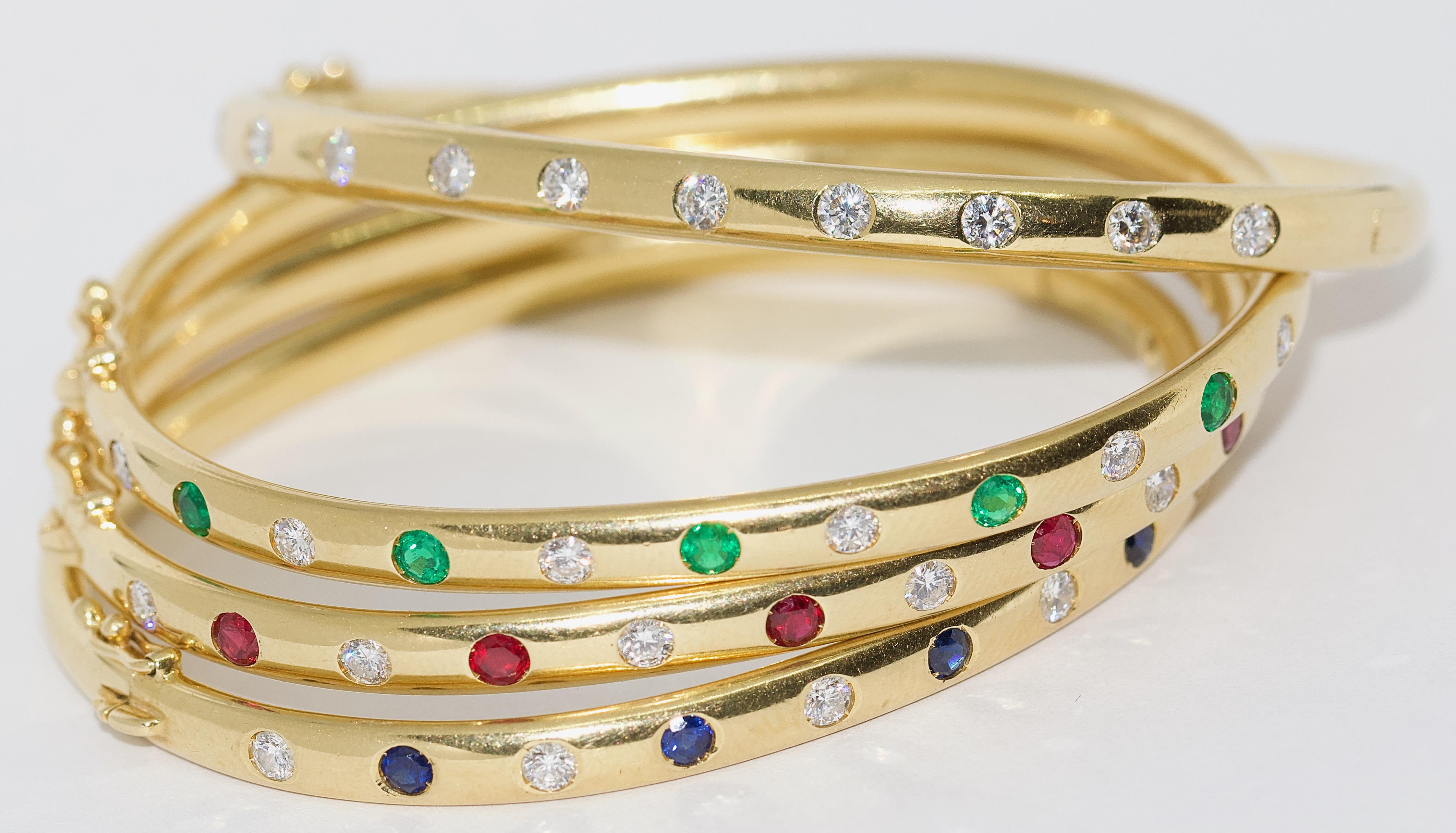 Modern Set of Four Bangles, 18 Karat Gold Set with Diamonds, Sapphires and Emeralds