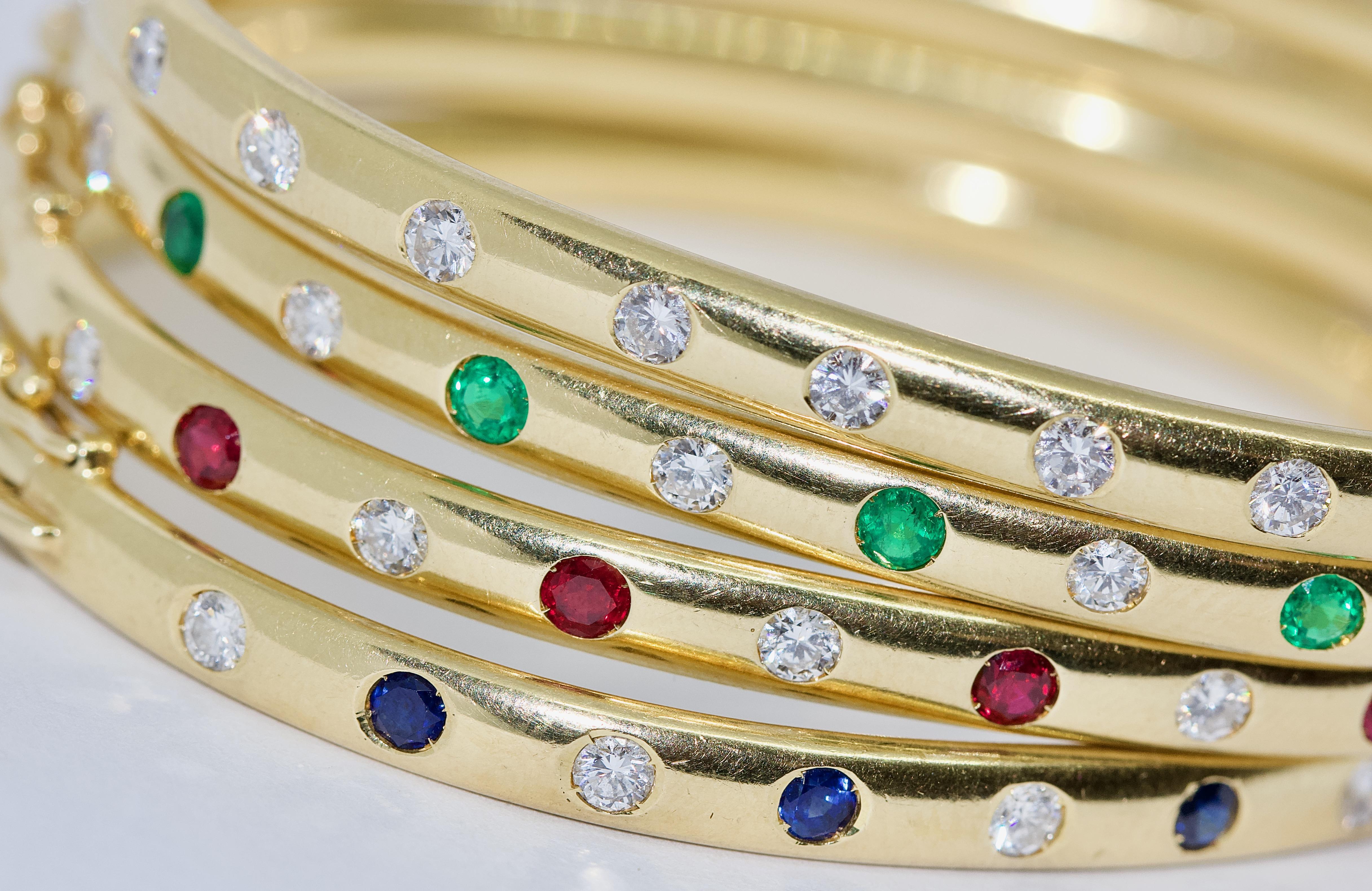 Round Cut Set of Four Bangles, 18 Karat Gold Set with Diamonds, Sapphires and Emeralds