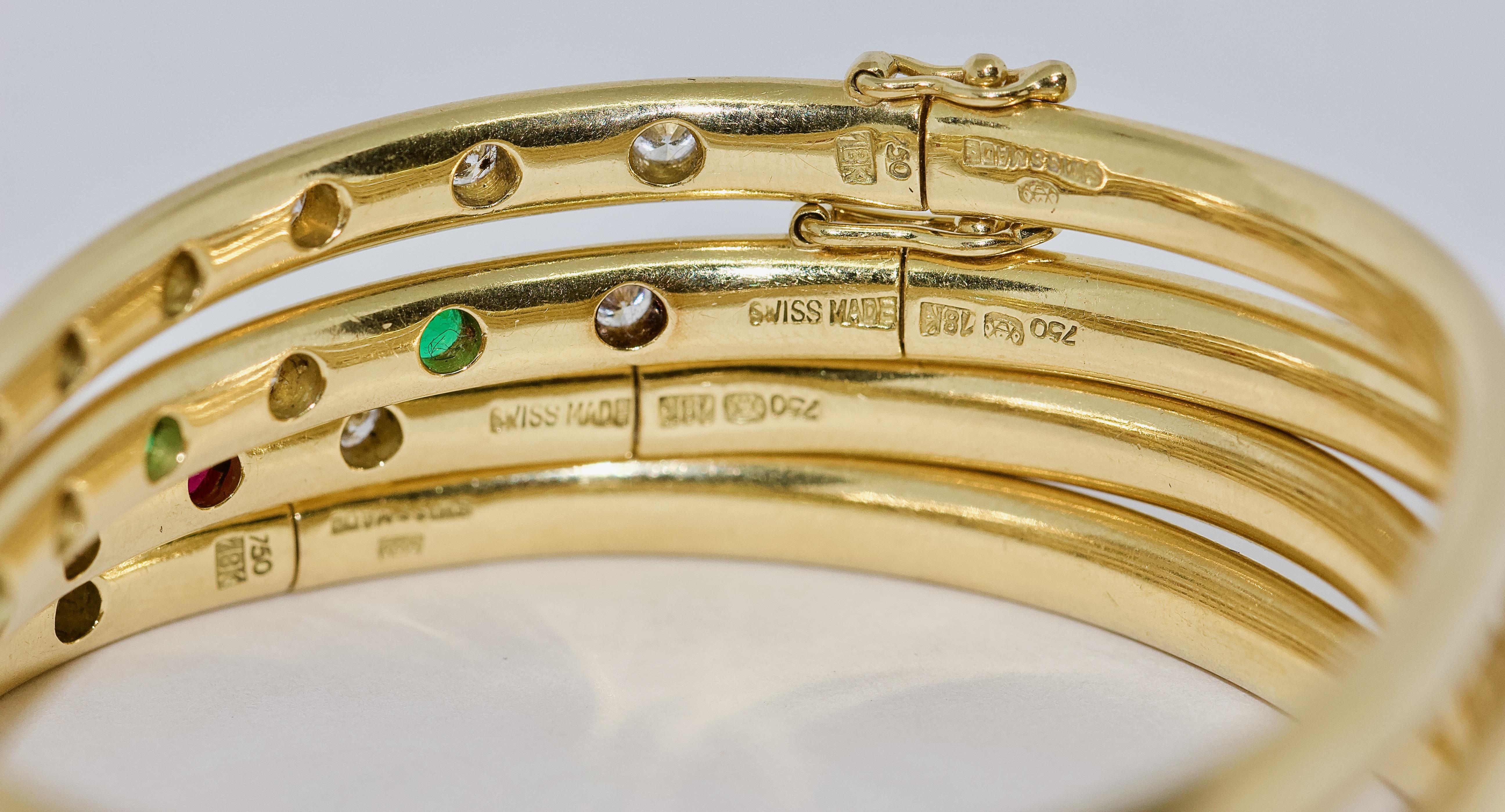 Women's Set of Four Bangles, 18 Karat Gold Set with Diamonds, Sapphires and Emeralds