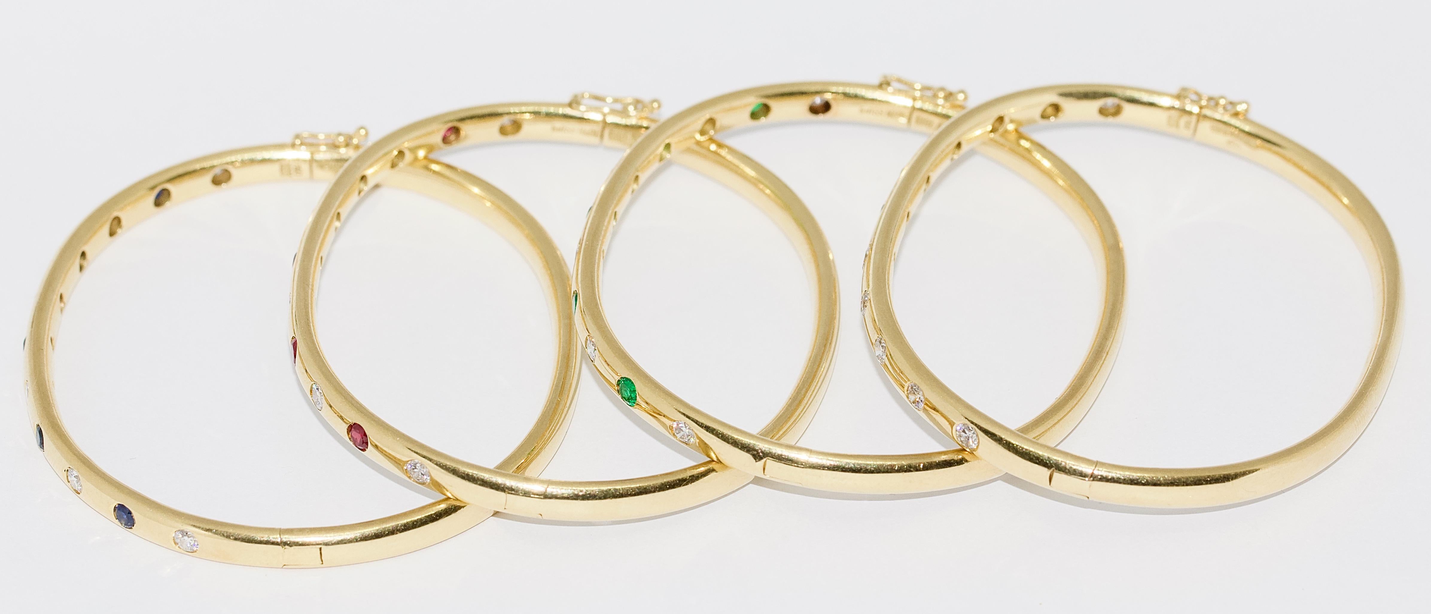 Set of Four Bangles, 18 Karat Gold Set with Diamonds, Sapphires and Emeralds 1
