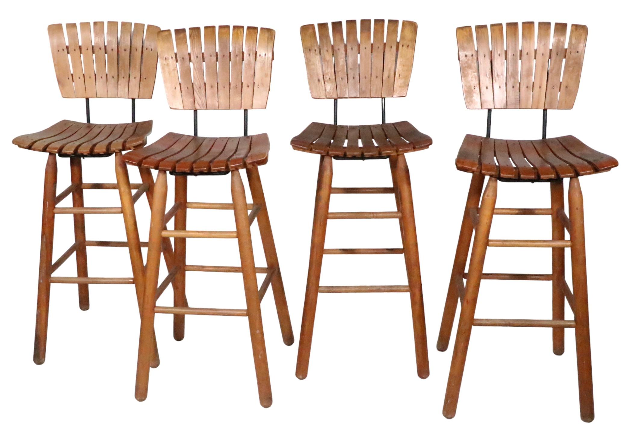 Wrought Iron Set of Four Bar Height Wood Slat Stools by Arthur Umanoff For Sale