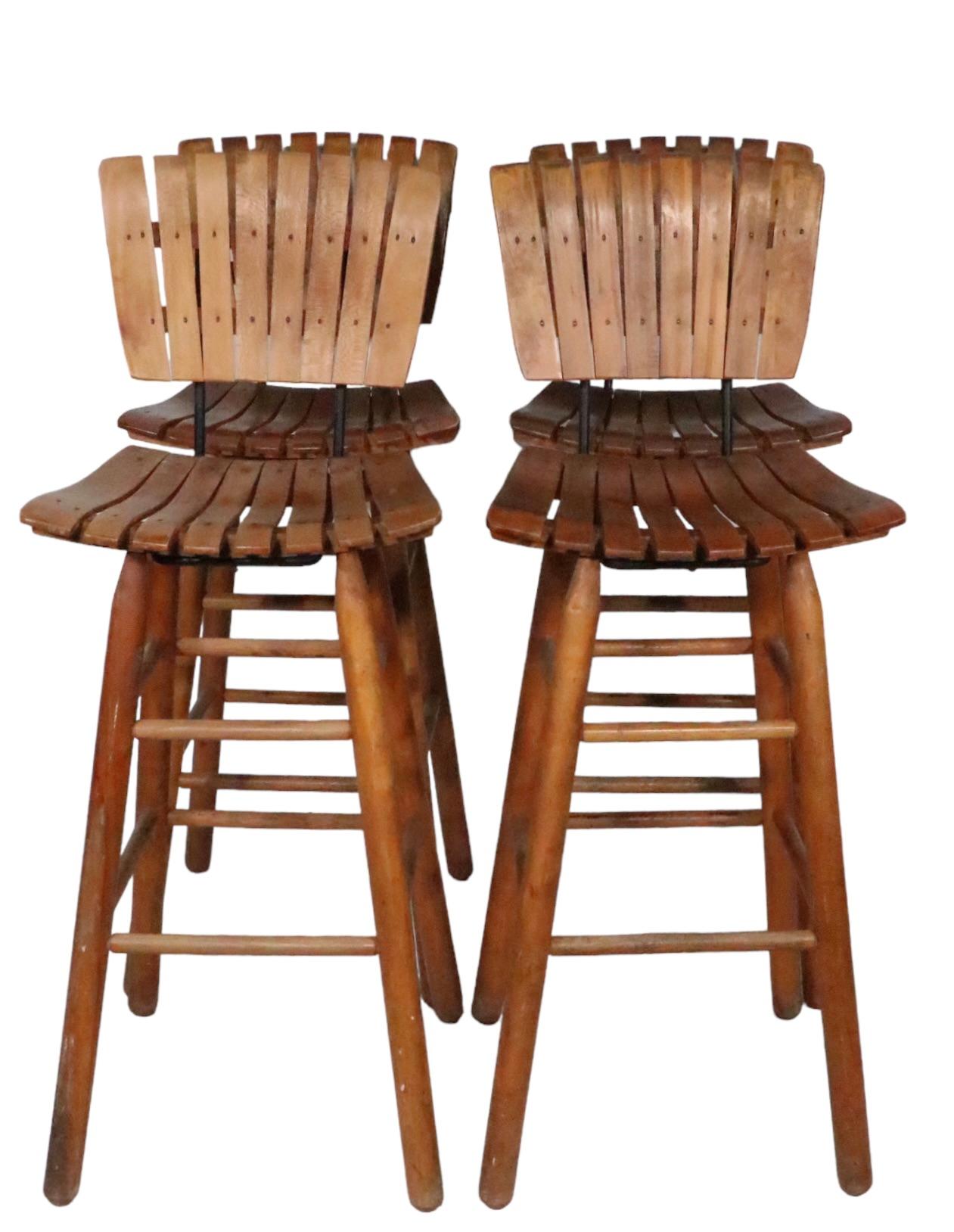 American Set of Four Bar Height Wood Slat Stools by Arthur Umanoff For Sale