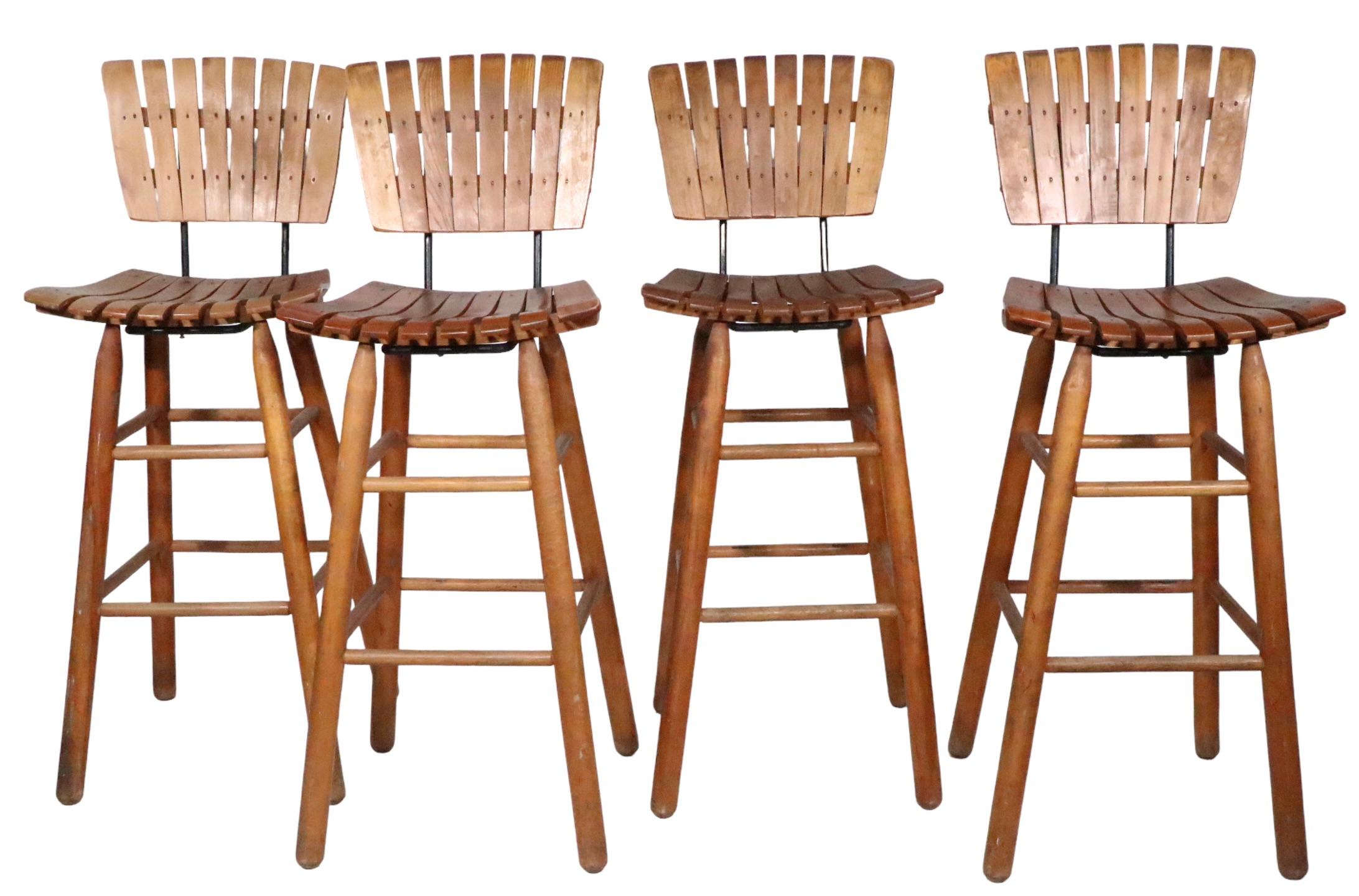 Set of Four Bar Height Wood Slat Stools by Arthur Umanoff In Good Condition For Sale In New York, NY