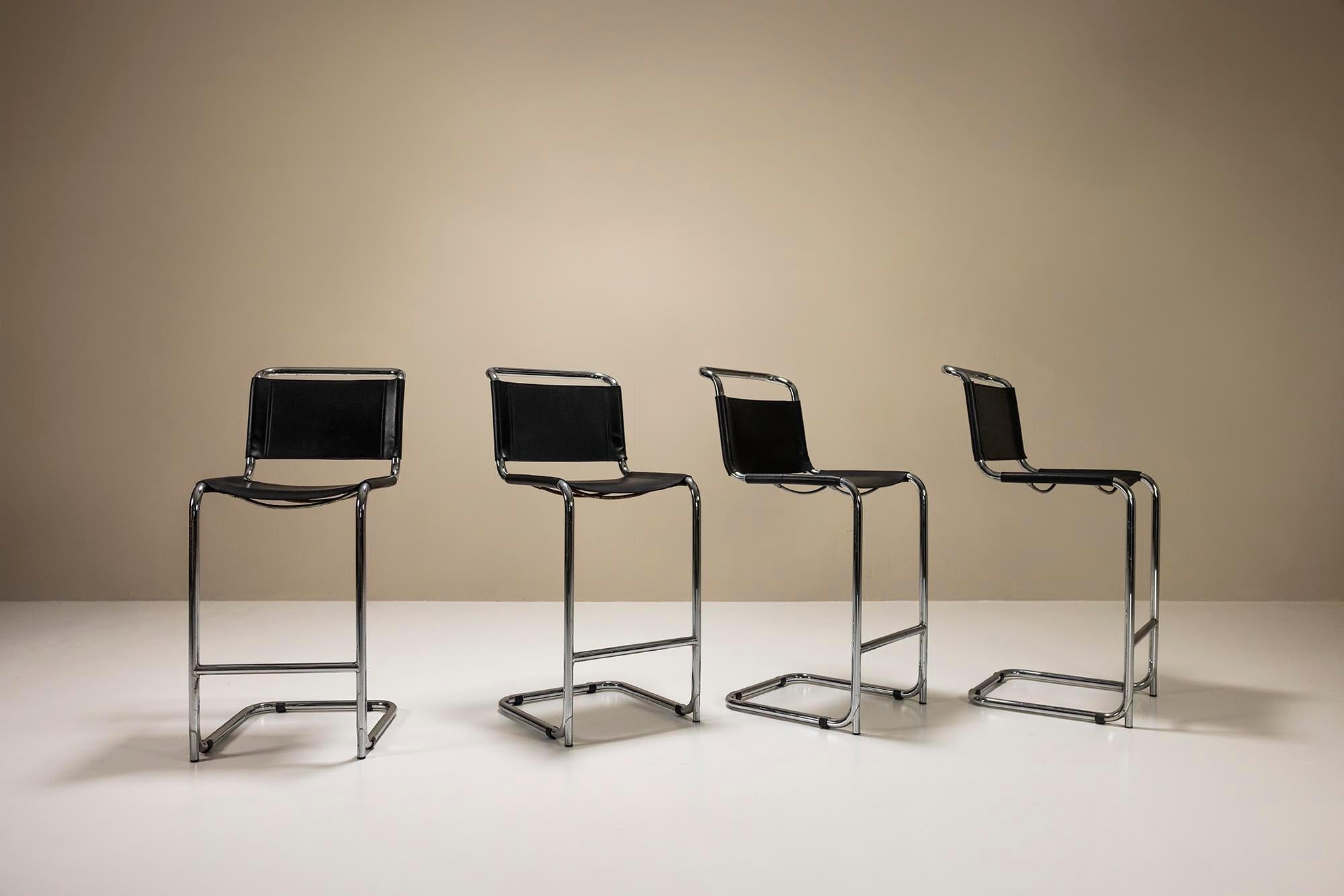 Set of four bar stools in aluminum by Marcel Breuer for Gordon International.Slender, elegant but above all timeless are the designs of architect and furniture designer Marcel Breuer, who has obviously left an indelible impression in the world of