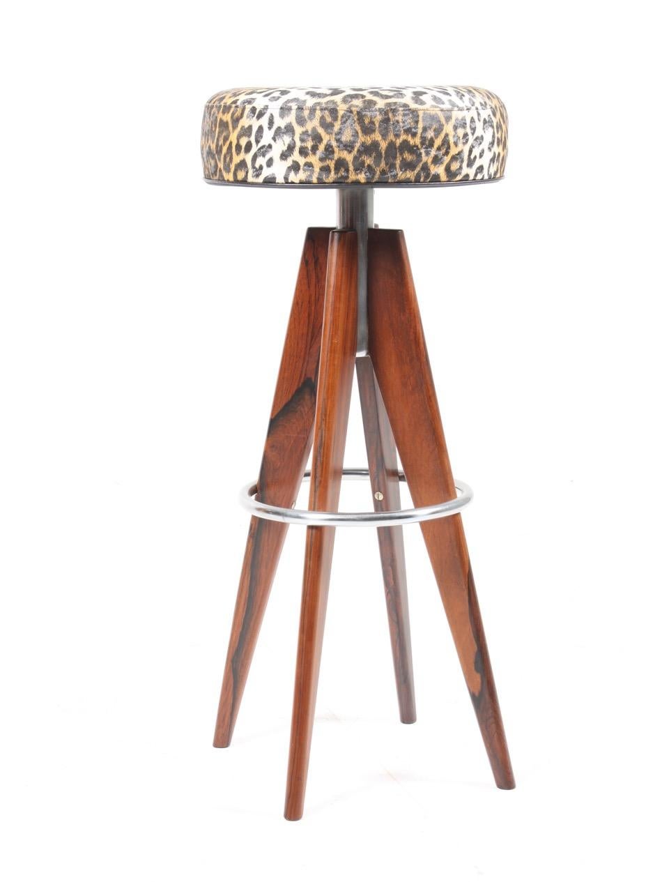 Set of four bar stools in Brazilian rosewood & leopard print seats - Design by Arne Hovmand Olsen Denmark - Great original condition.