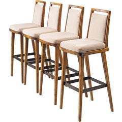 Vintage Set of Four Bar Stools in Wood and Original Upholstery, Europe, 1960s