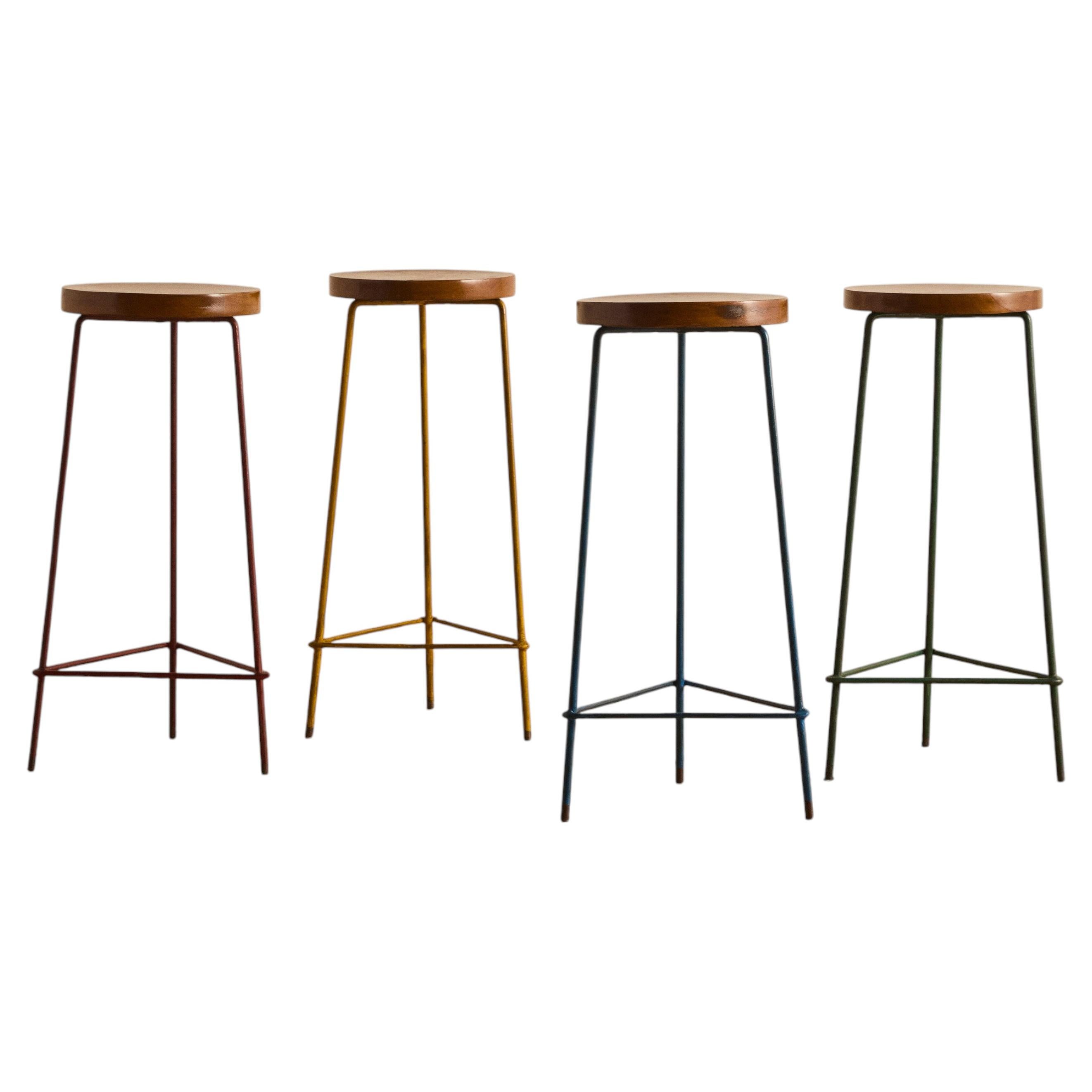 Set of Four Bar Stools with Multicolor Metal Bases Attr to Pierre Jeanneret For Sale
