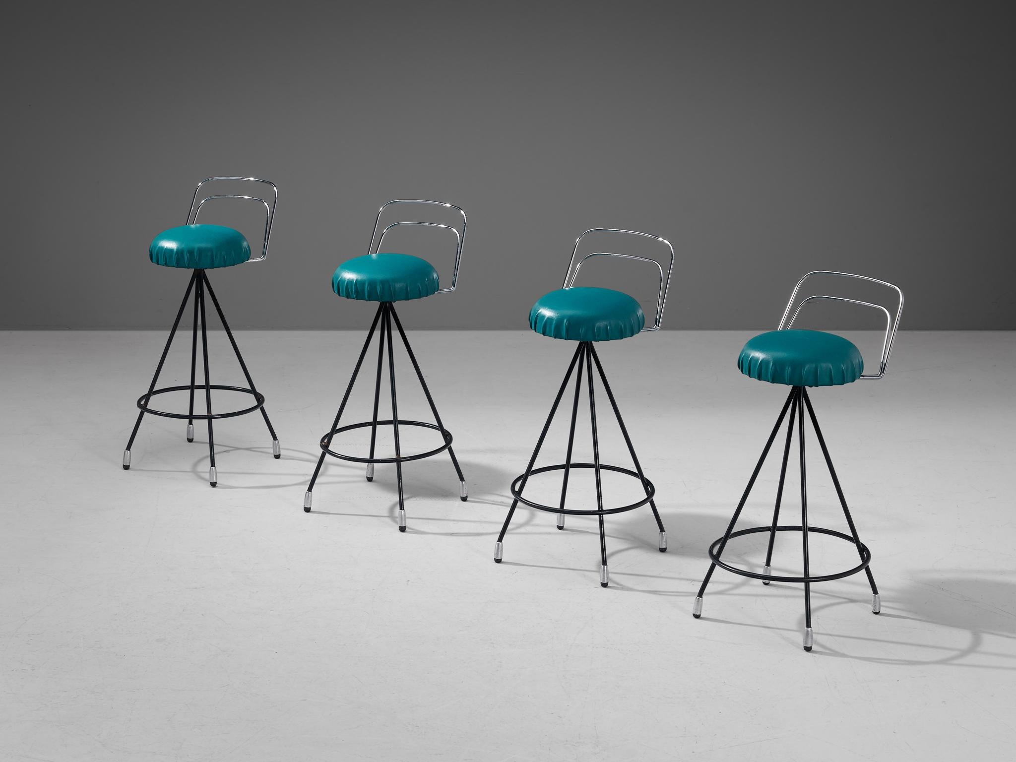 Set of four barstools, chrome-plated metal, metal, leatherette, Europe, 1960s. 

Set of four eccentric barstools executed in black lacquered metal with green faux leather seatings. Its design shows clean and geometrical features characteristic for