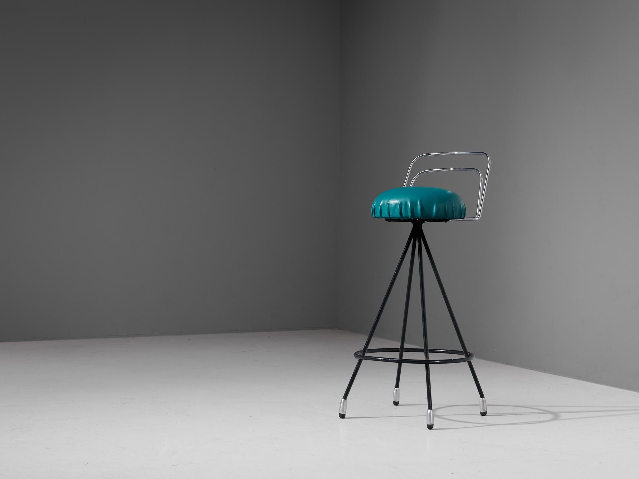 Mid-Century Modern Set of Four Barstools in Metal and Teal Green Upholstery For Sale