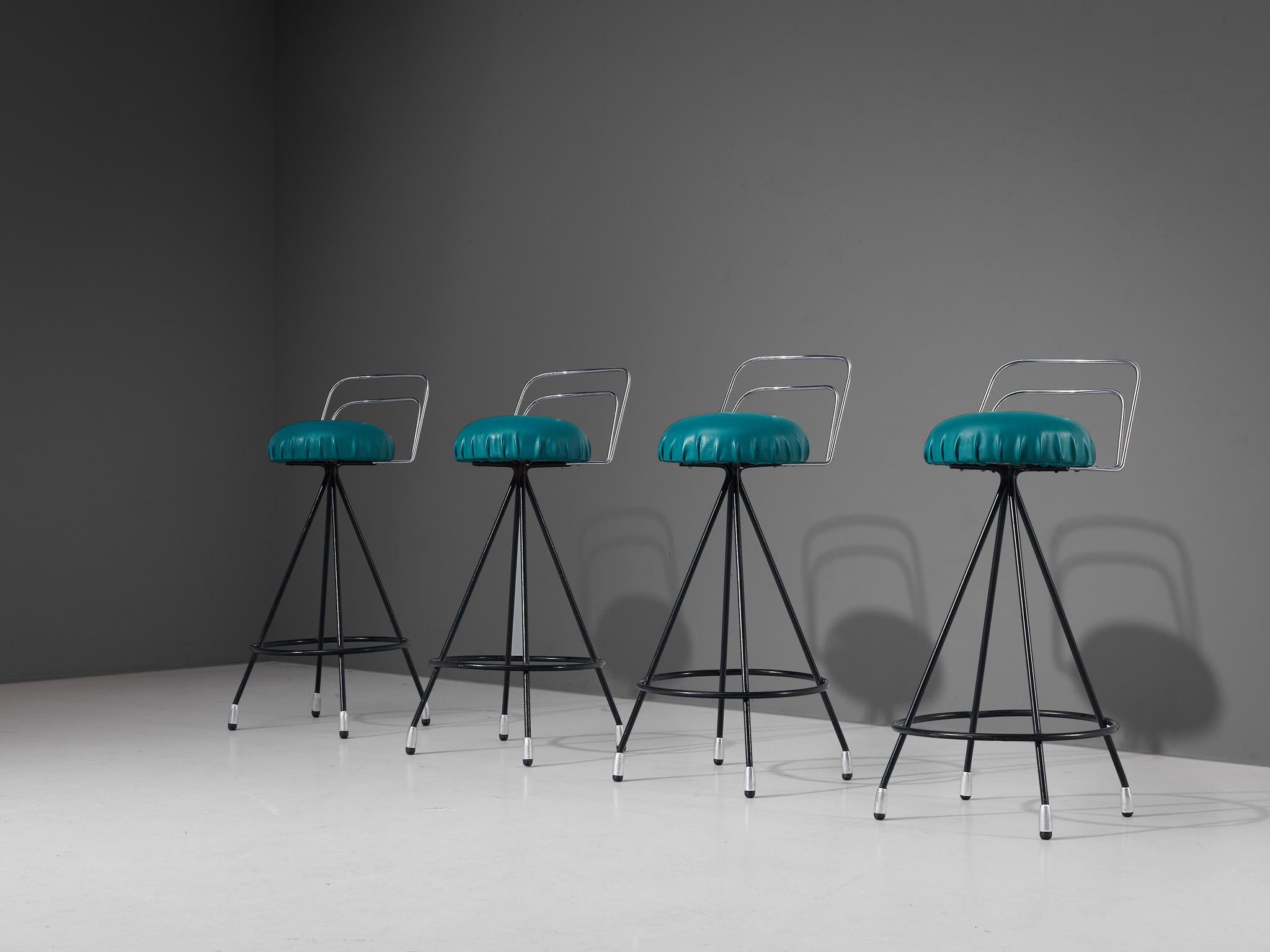 Mid-20th Century Set of Four Barstools in Metal and Teal Green Upholstery For Sale