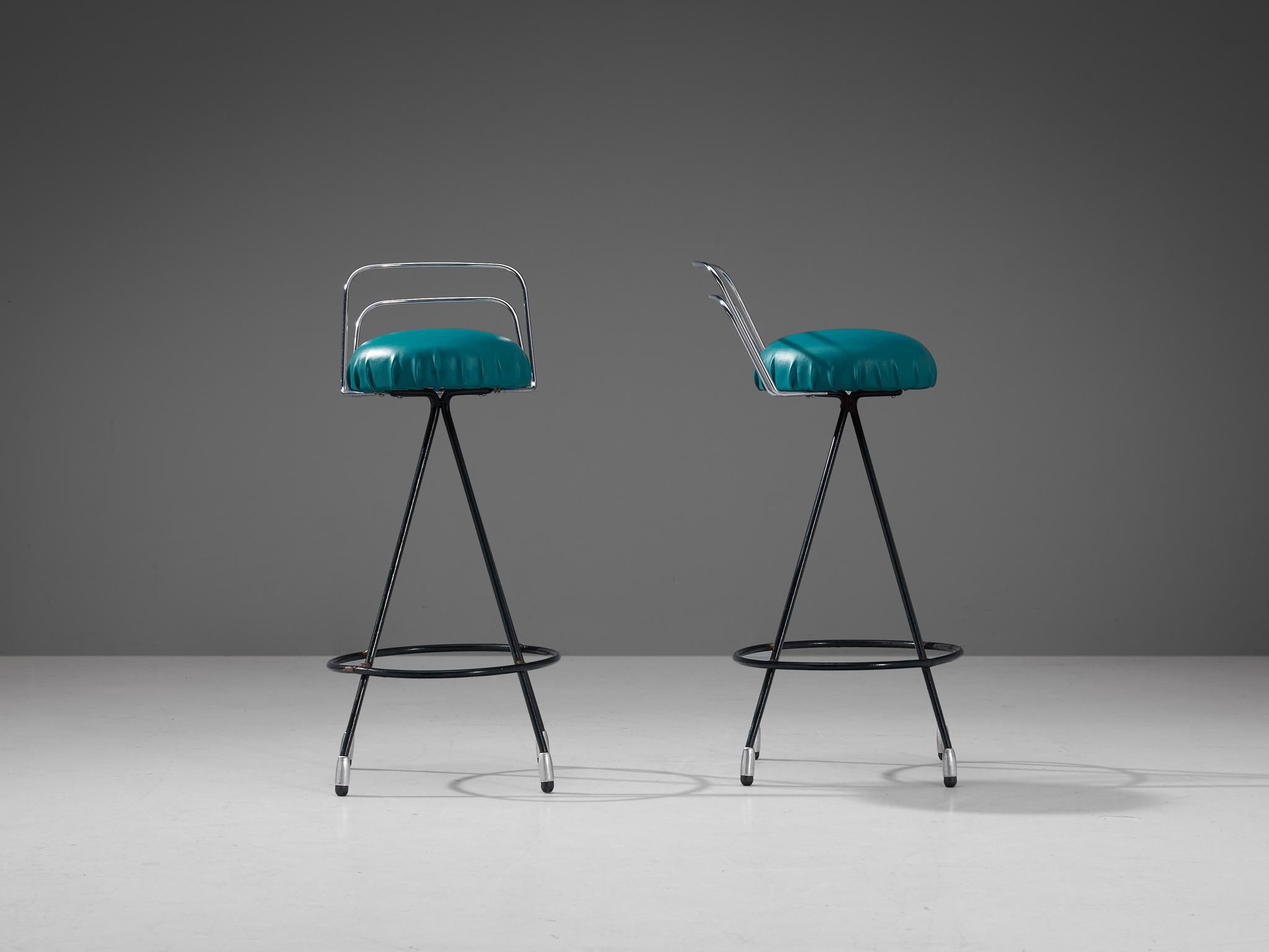 Set of Four Barstools in Metal and Teal Green Upholstery For Sale 1