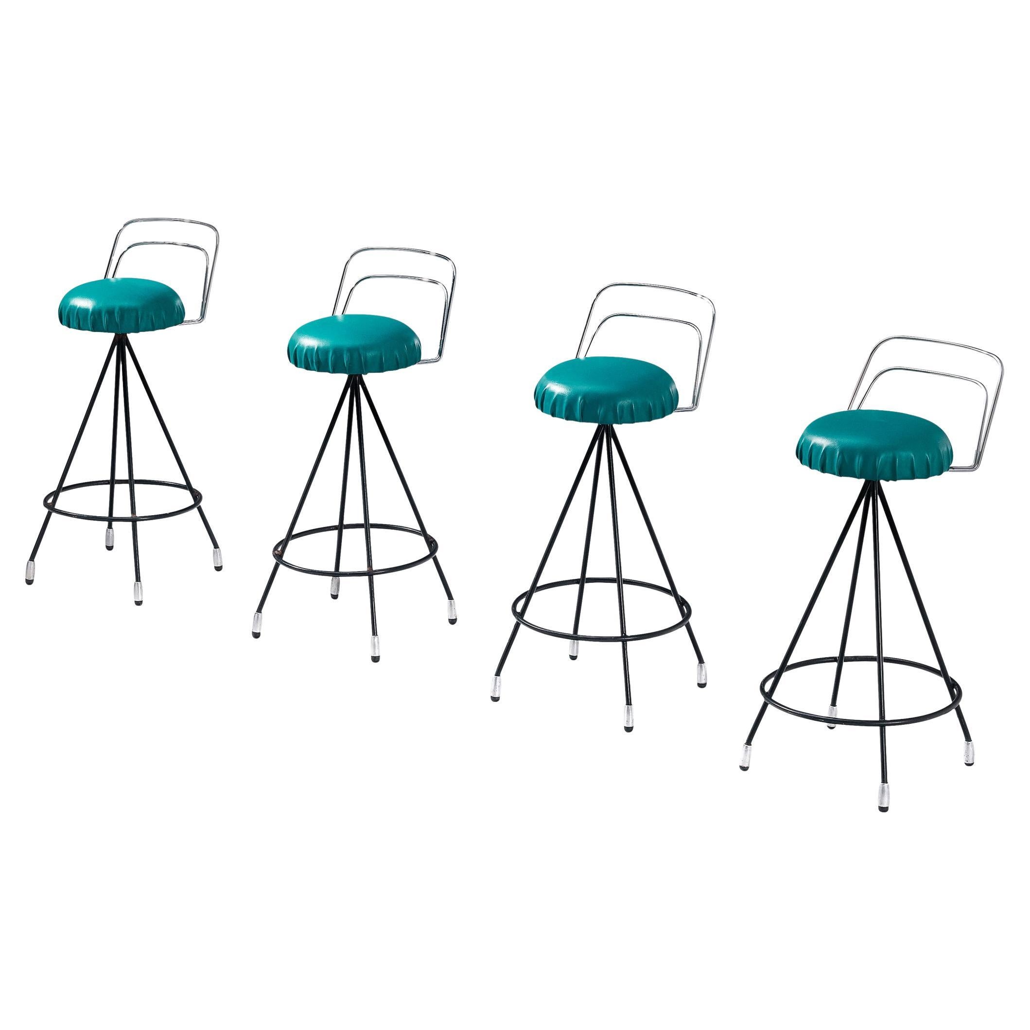 Set of Four Barstools in Metal and Teal Green Upholstery