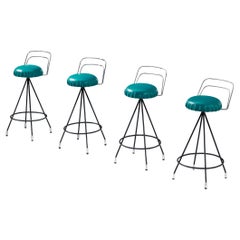 Vintage Set of Four Barstools in Metal and Teal Green Upholstery