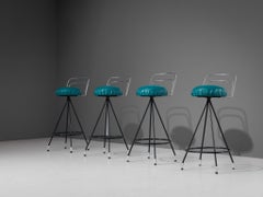 Set of Four Barstools in Metal and Teal Green Upholstery