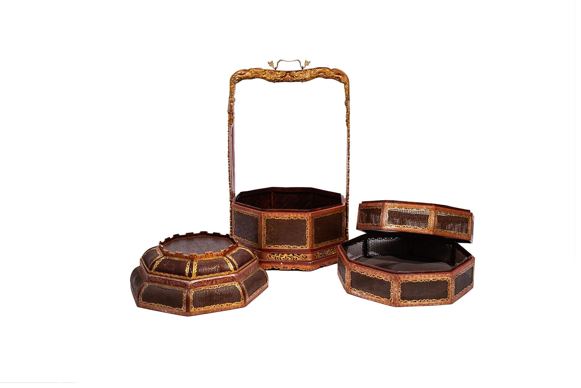 Mid-Century Modern Set of Four Baskets, Lacquered Wood, Gilded Brass, China, circa 1970