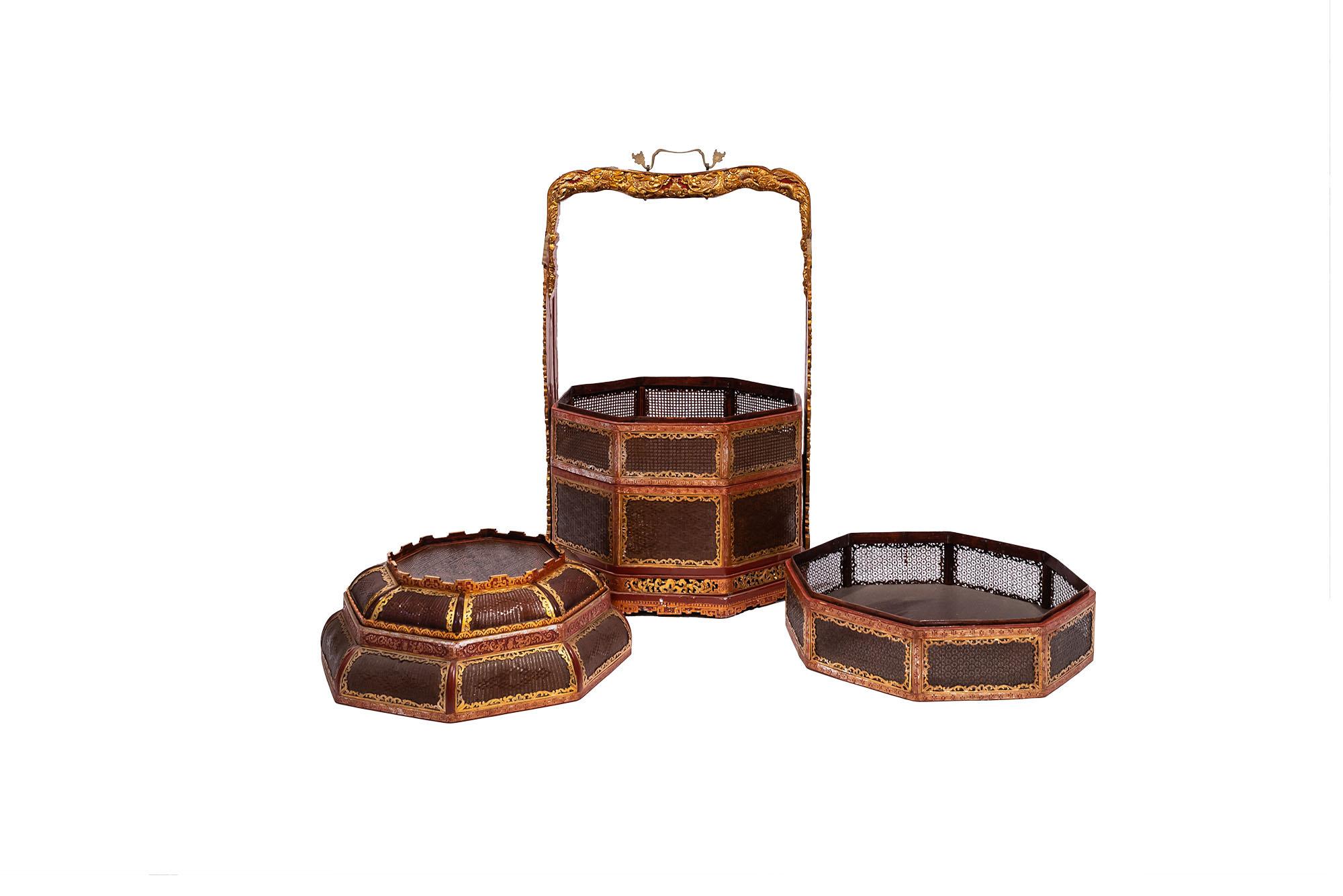 Chinese Set of Four Baskets, Lacquered Wood, Gilded Brass, China, circa 1970