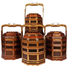 Set of Four Baskets, Lacquered Wood, Gilded Brass, China, circa 1970