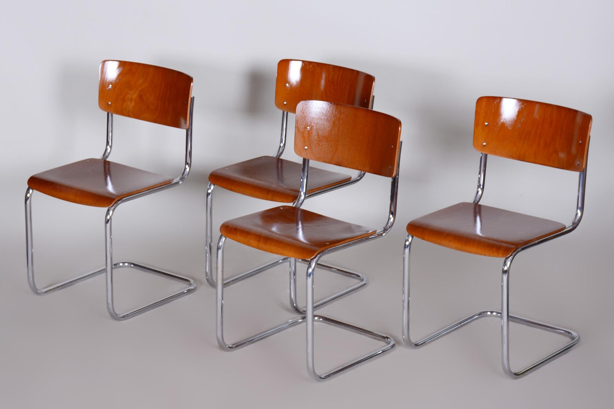 Chrome Set of Four Bauhaus Beech Chairs, Restored, Germany, 1930s For Sale