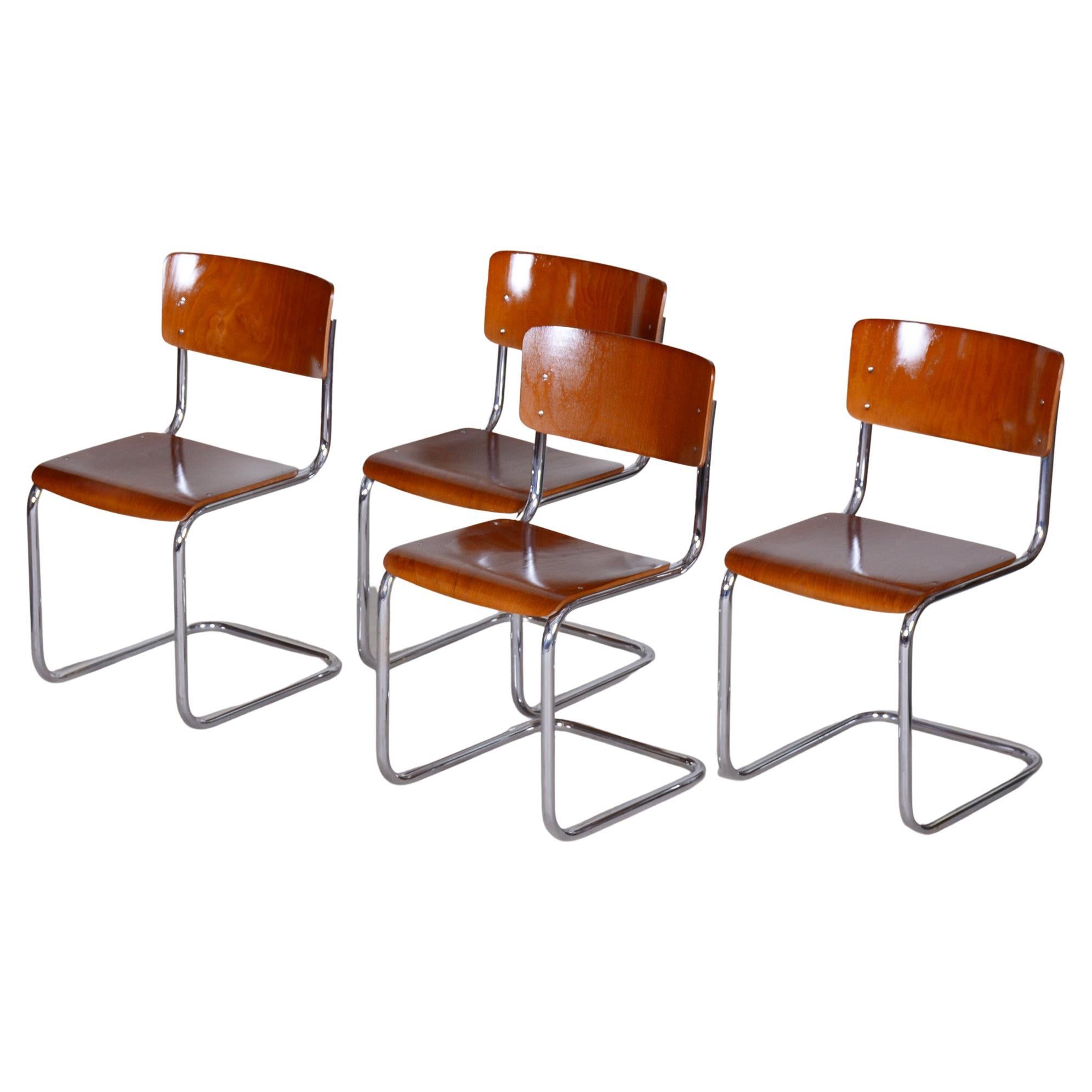 Set of Four Bauhaus Beech Chairs, Restored, Germany, 1930s