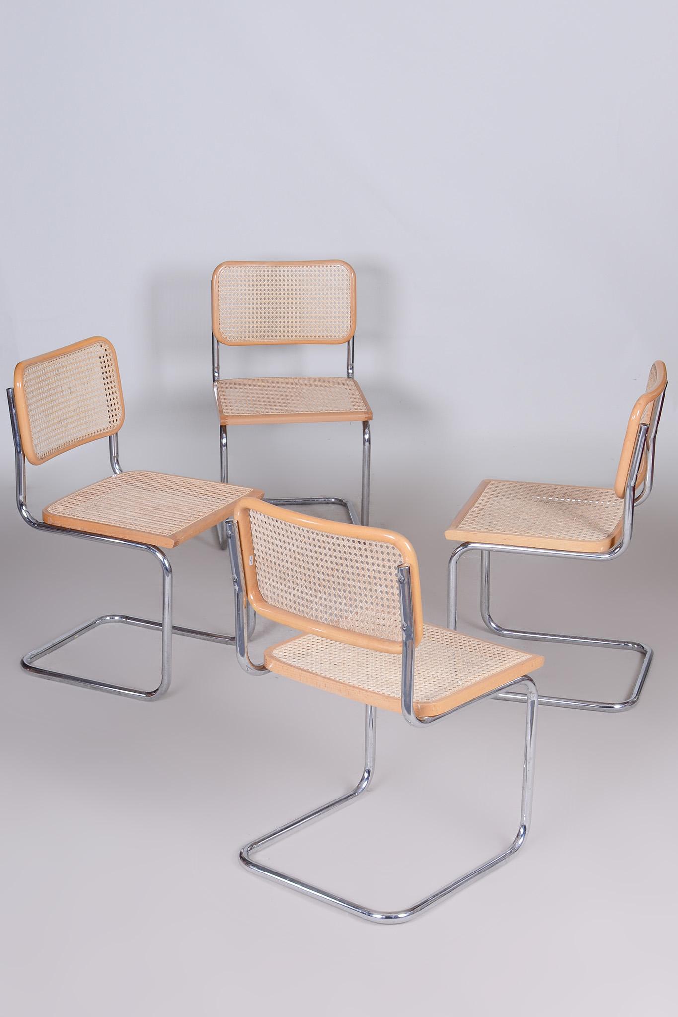 Set of Four Bauhaus Chairs, Chrome-Plated Steel, Rattan, Beech, Italy, 1960s For Sale 5