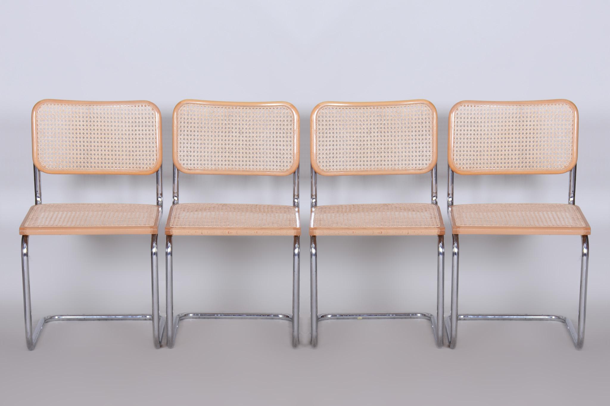 Set of Four Bauhaus Chairs, Chrome-Plated Steel, Rattan, Beech, Italy, 1960s For Sale 9