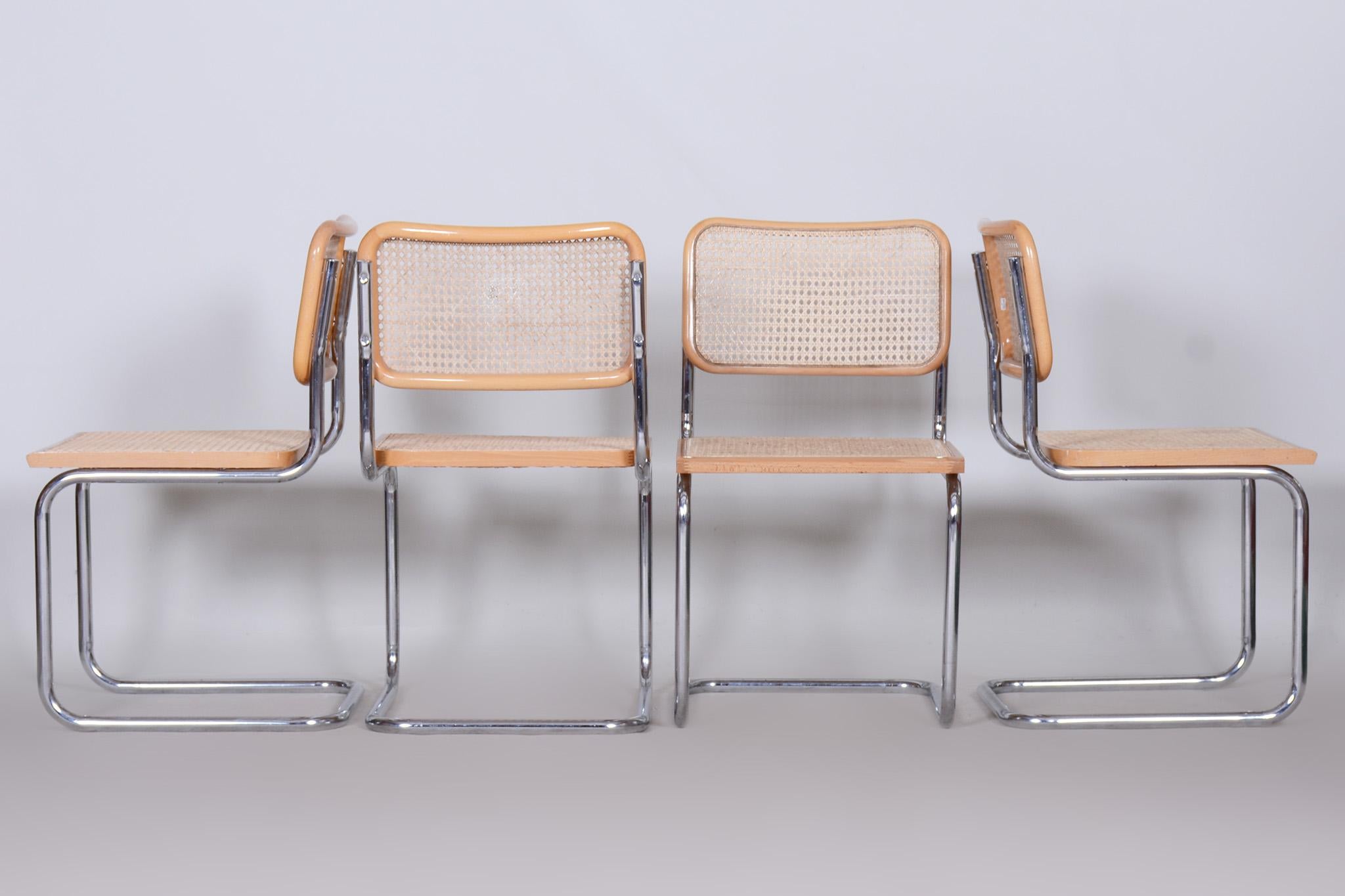 Italian Set of Four Bauhaus Chairs, Chrome-Plated Steel, Rattan, Beech, Italy, 1960s For Sale
