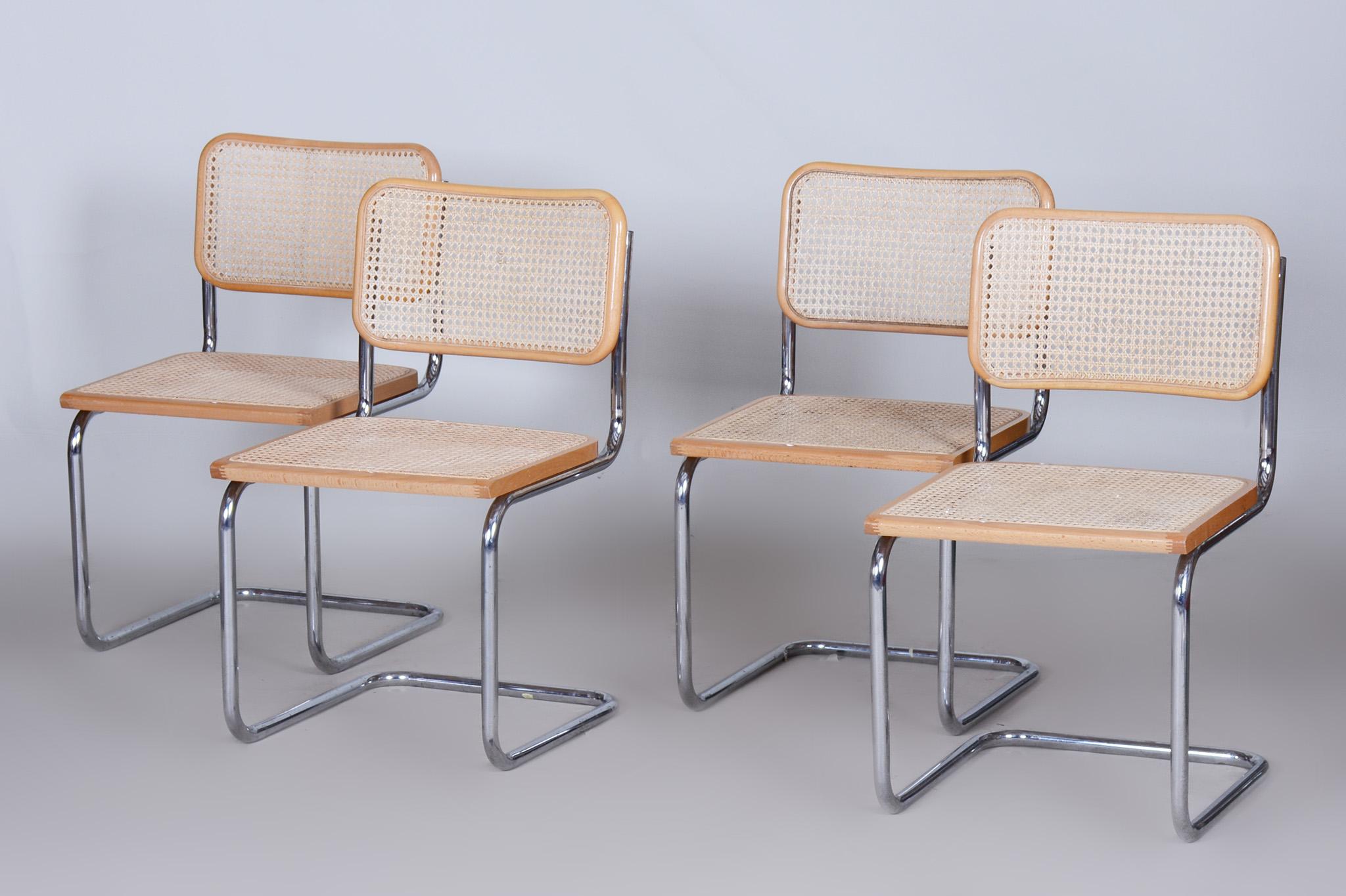 Set of Four Bauhaus Chairs, Chrome-Plated Steel, Rattan, Beech, Italy, 1960s For Sale 1