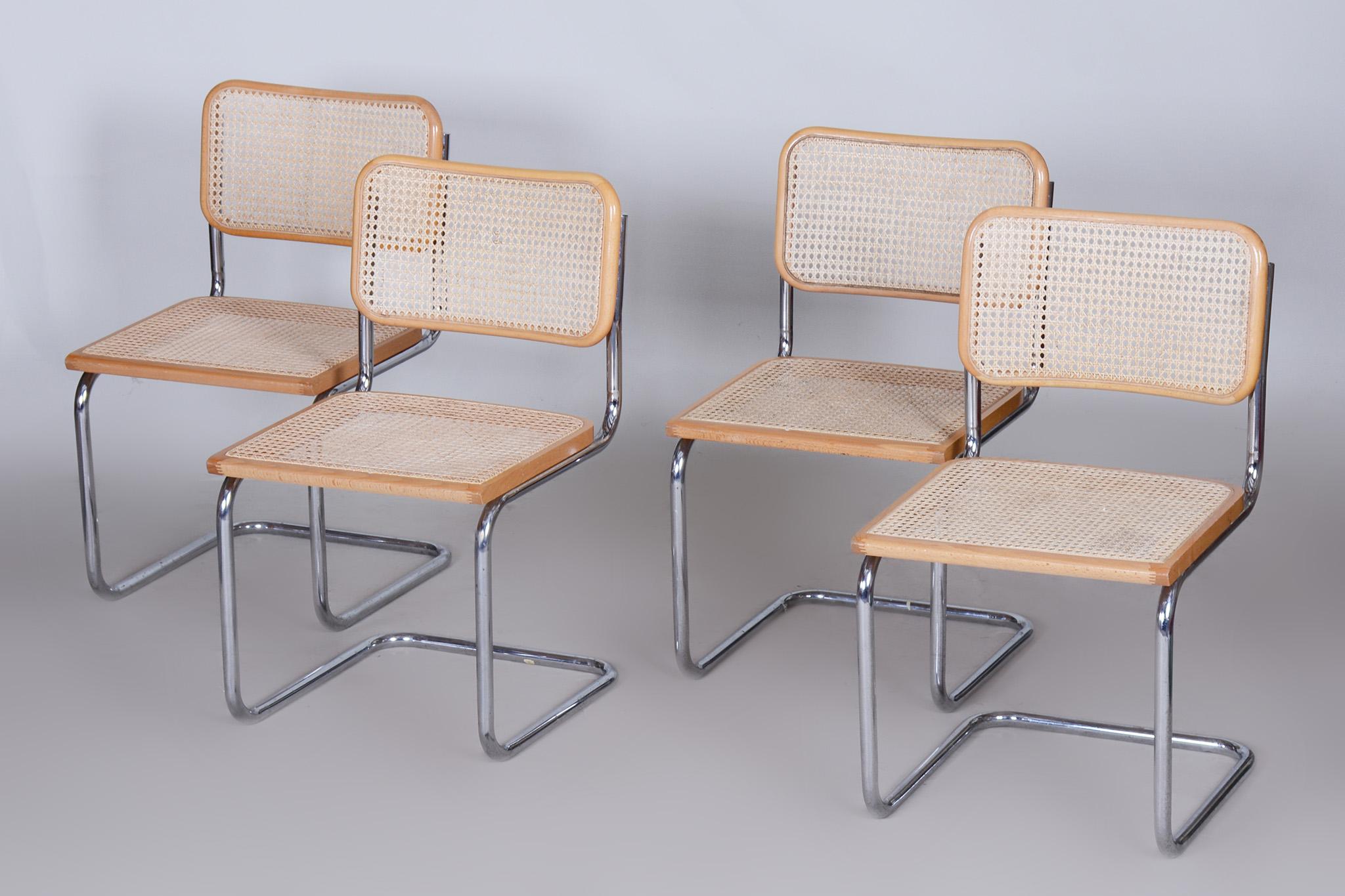 Set of Four Bauhaus Chairs, Chrome-Plated Steel, Rattan, Beech, Italy, 1960s For Sale 2