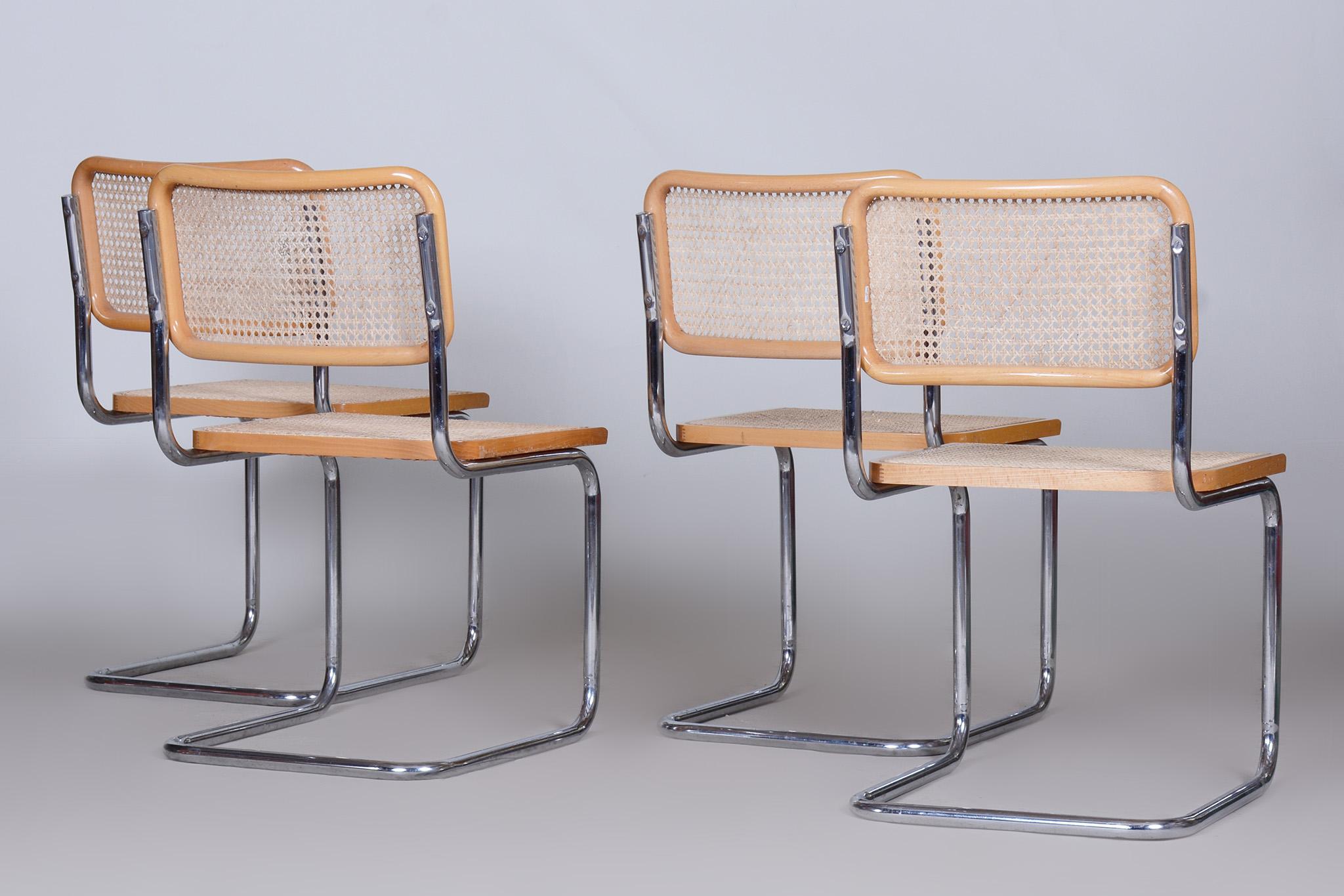 Set of Four Bauhaus Chairs, Chrome-Plated Steel, Rattan, Beech, Italy, 1960s For Sale 3