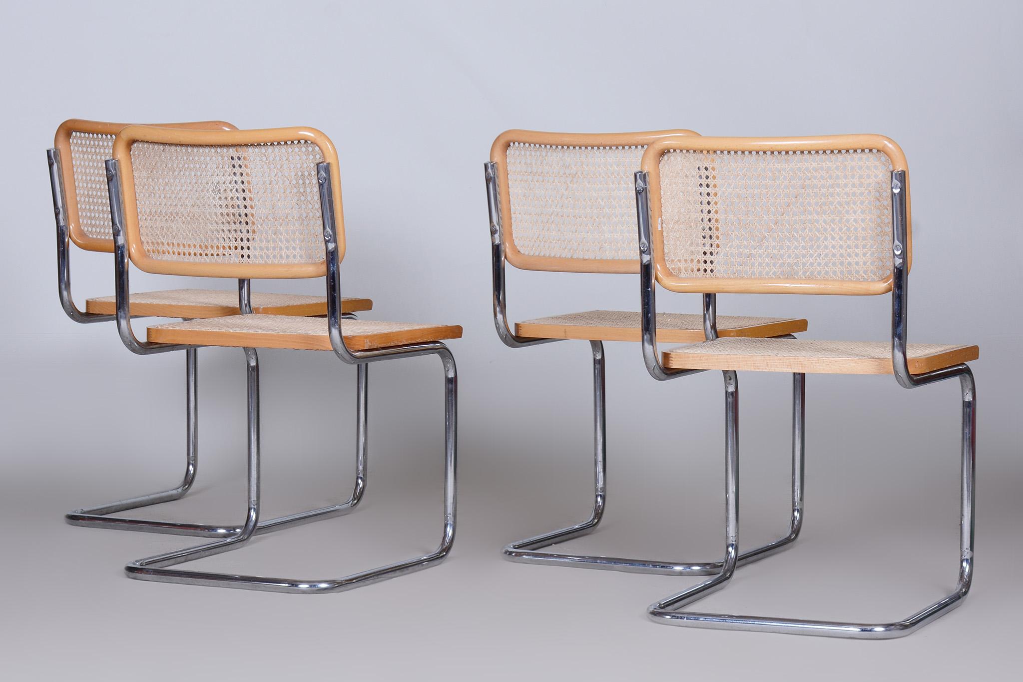 Set di quattro sedie Bauhaus, acciaio cromato, rattan, faggio, Italia, anni '60 2