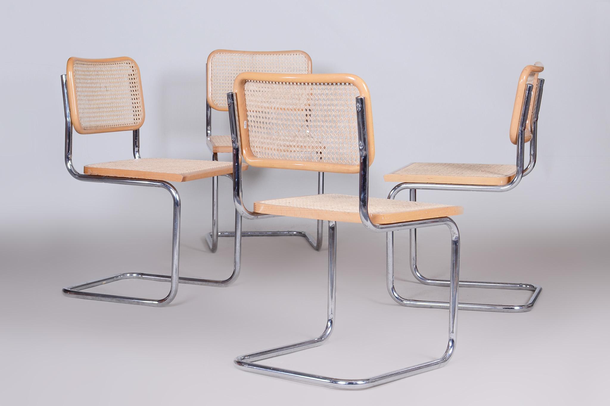 Set of Four Bauhaus Chairs, Chrome-Plated Steel, Rattan, Beech, Italy, 1960s For Sale 4
