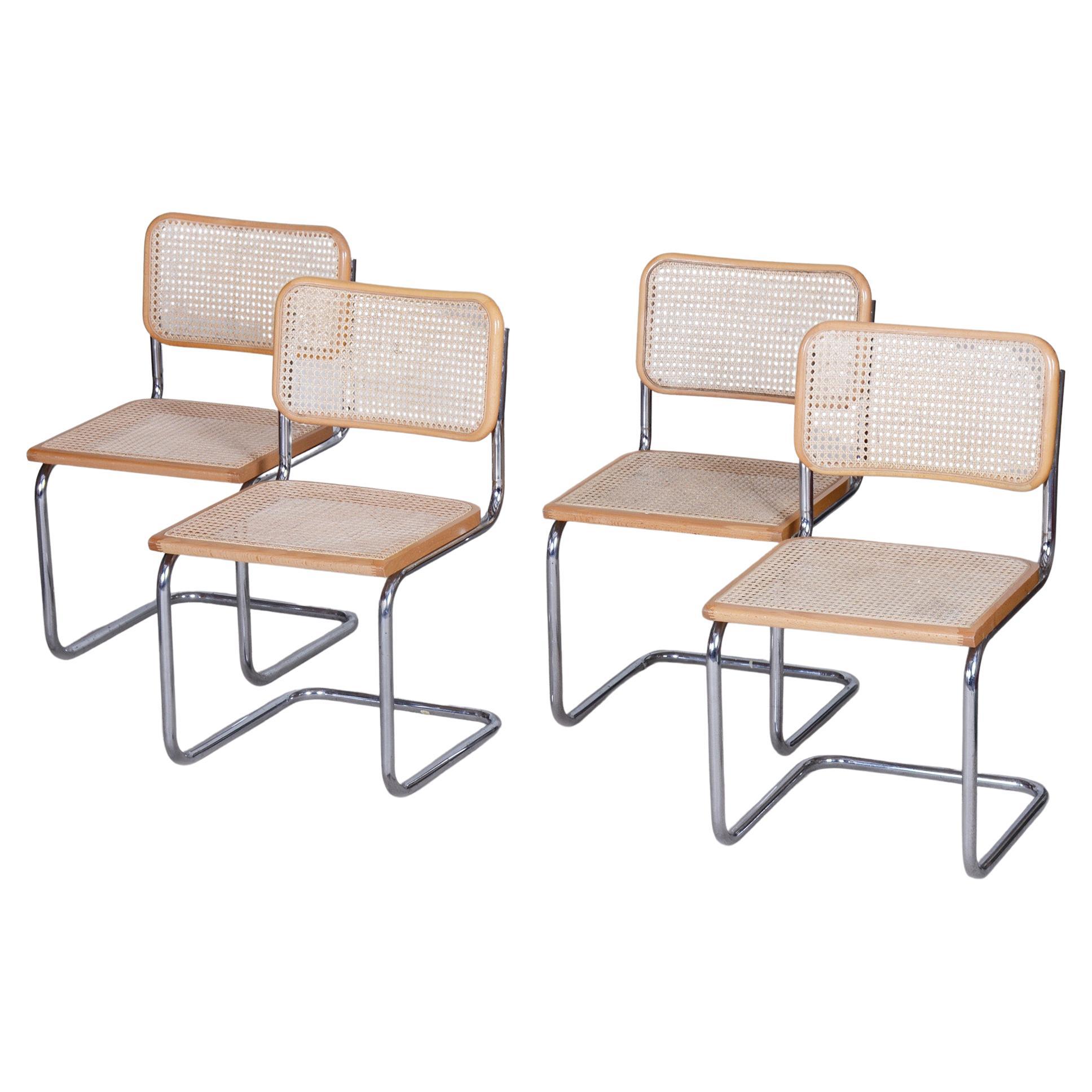 Set of Four Bauhaus Chairs, Chrome-Plated Steel, Rattan, Beech, Italy, 1960s For Sale