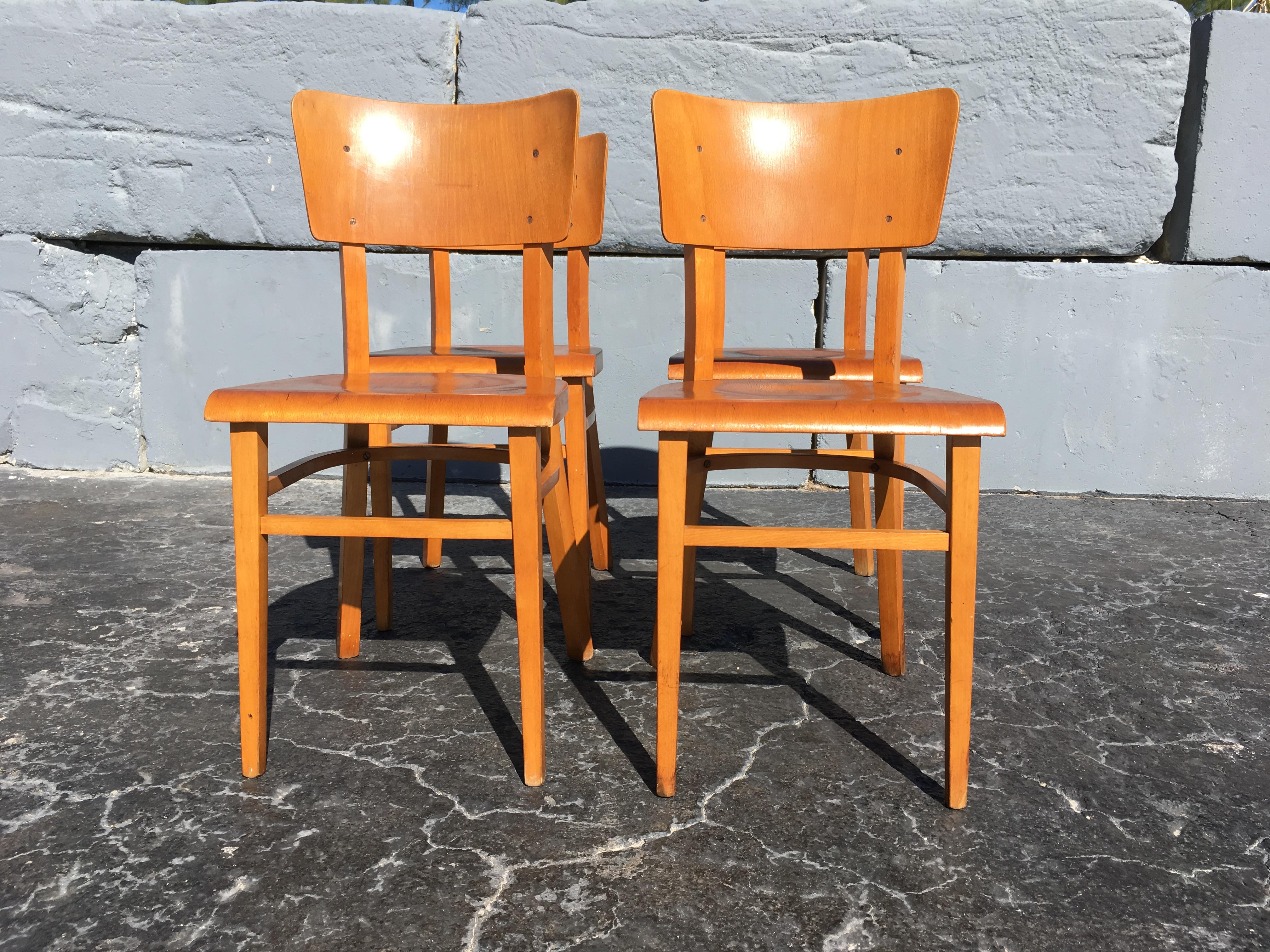 Mid-Century Modern Set of Four Beautiful Bentwood Kitchen Dining Chairs, 1950s For Sale