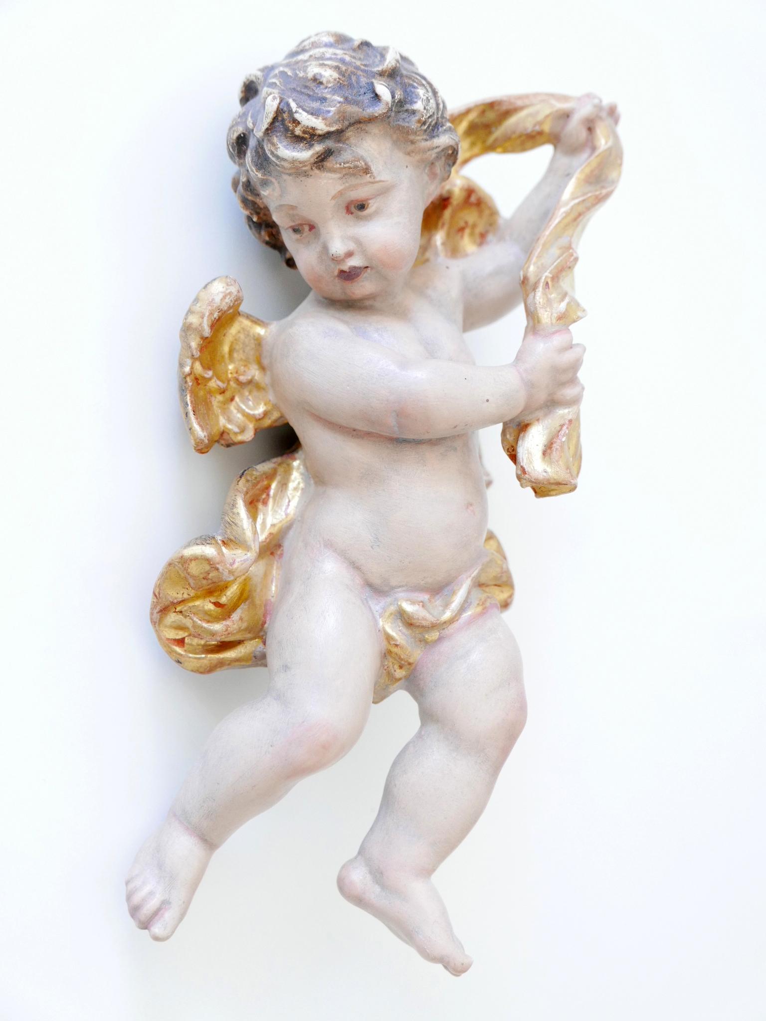 Set of Four Beautiful Polychrome Hand-Carved Wood Putti / Cherubs 1960s Germany In Good Condition For Sale In Munich, DE