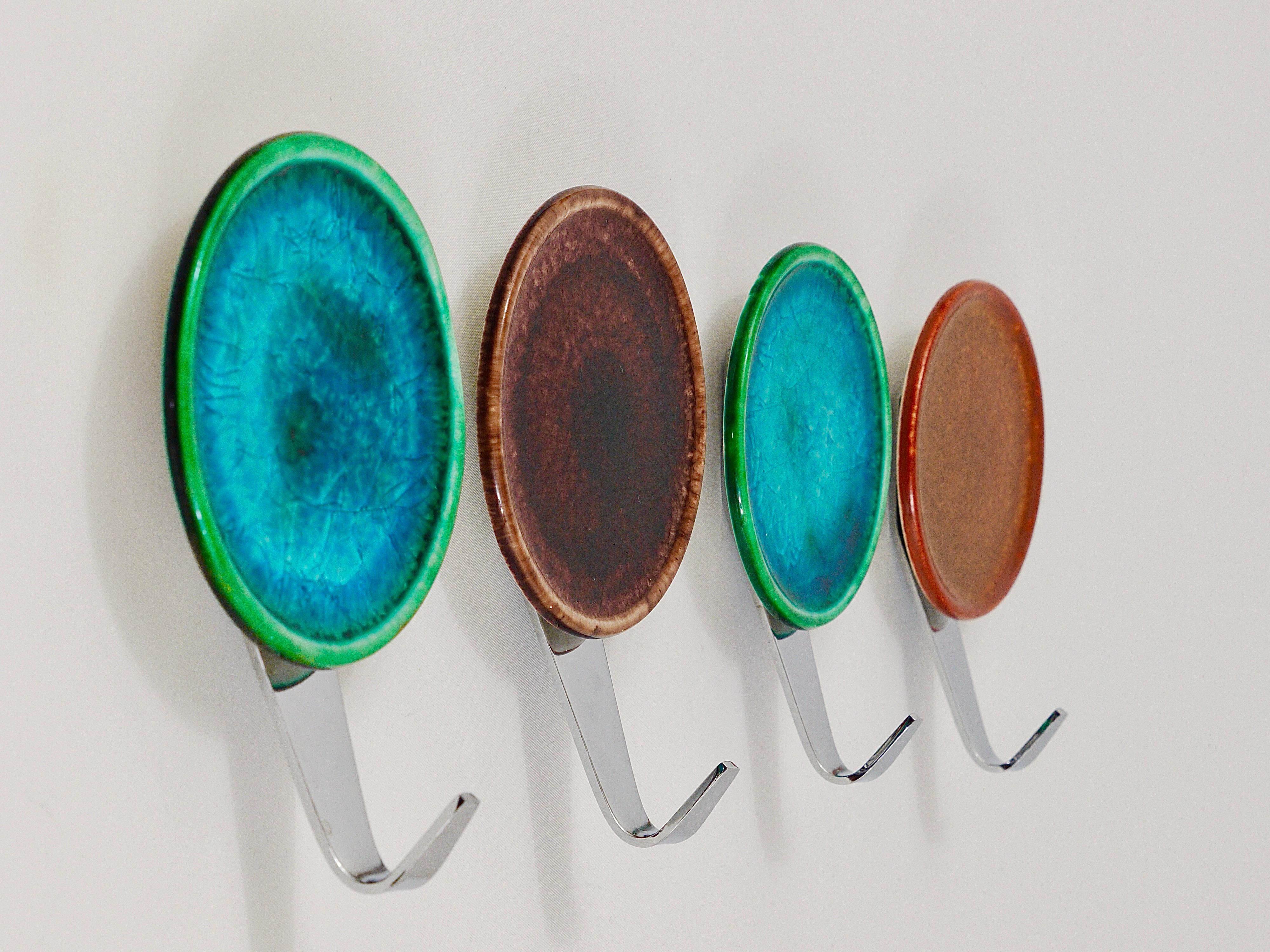 Set of Four Beautiful Wall Coat Hooks with Enameled Covers, Italy, 1960s 3