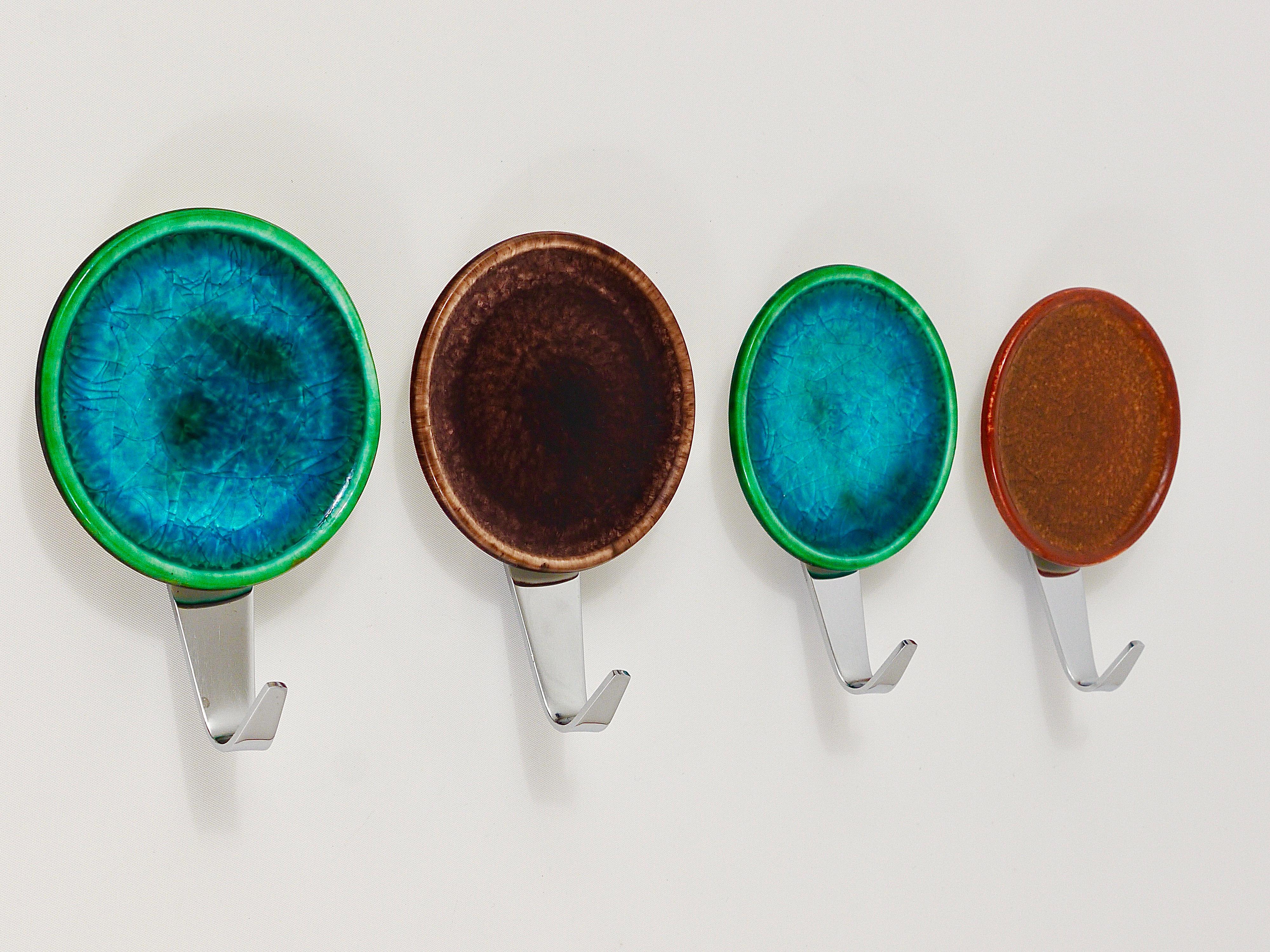Anodized Set of Four Beautiful Wall Coat Hooks with Enameled Covers, Italy, 1960s