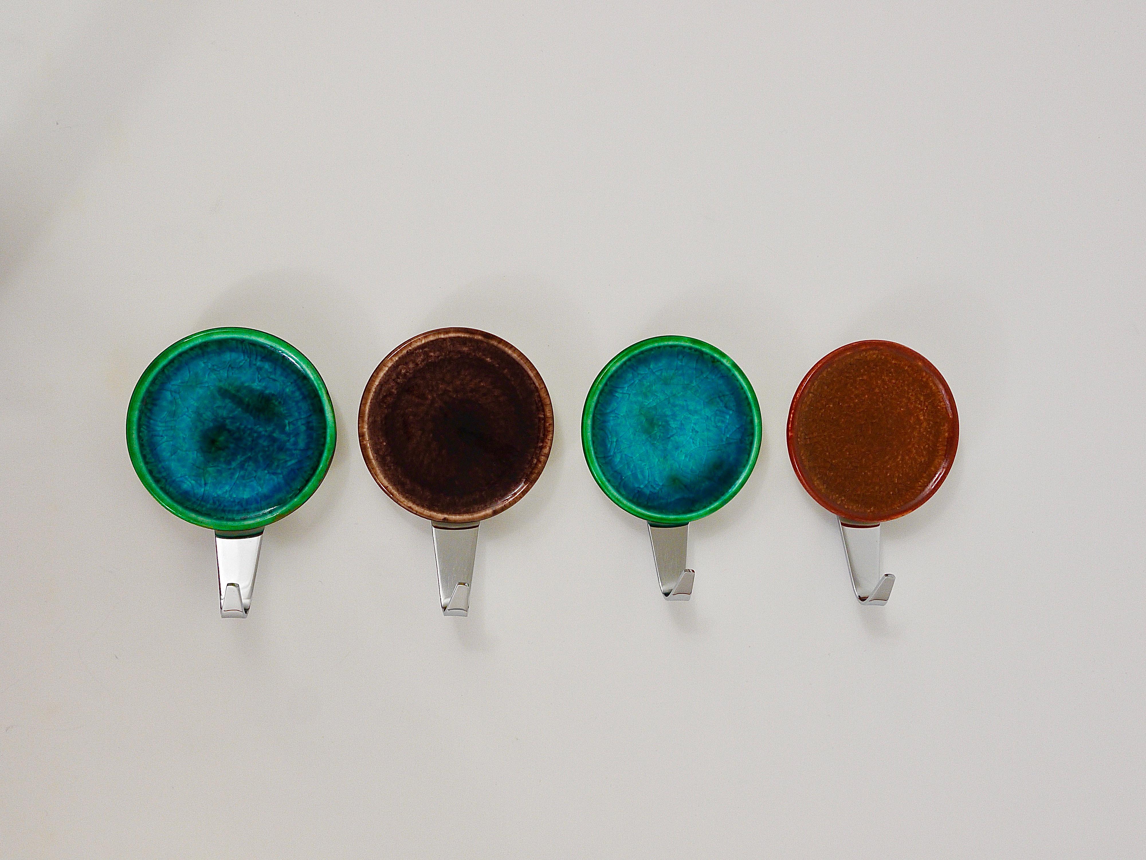 20th Century Set of Four Beautiful Wall Coat Hooks with Enameled Covers, Italy, 1960s