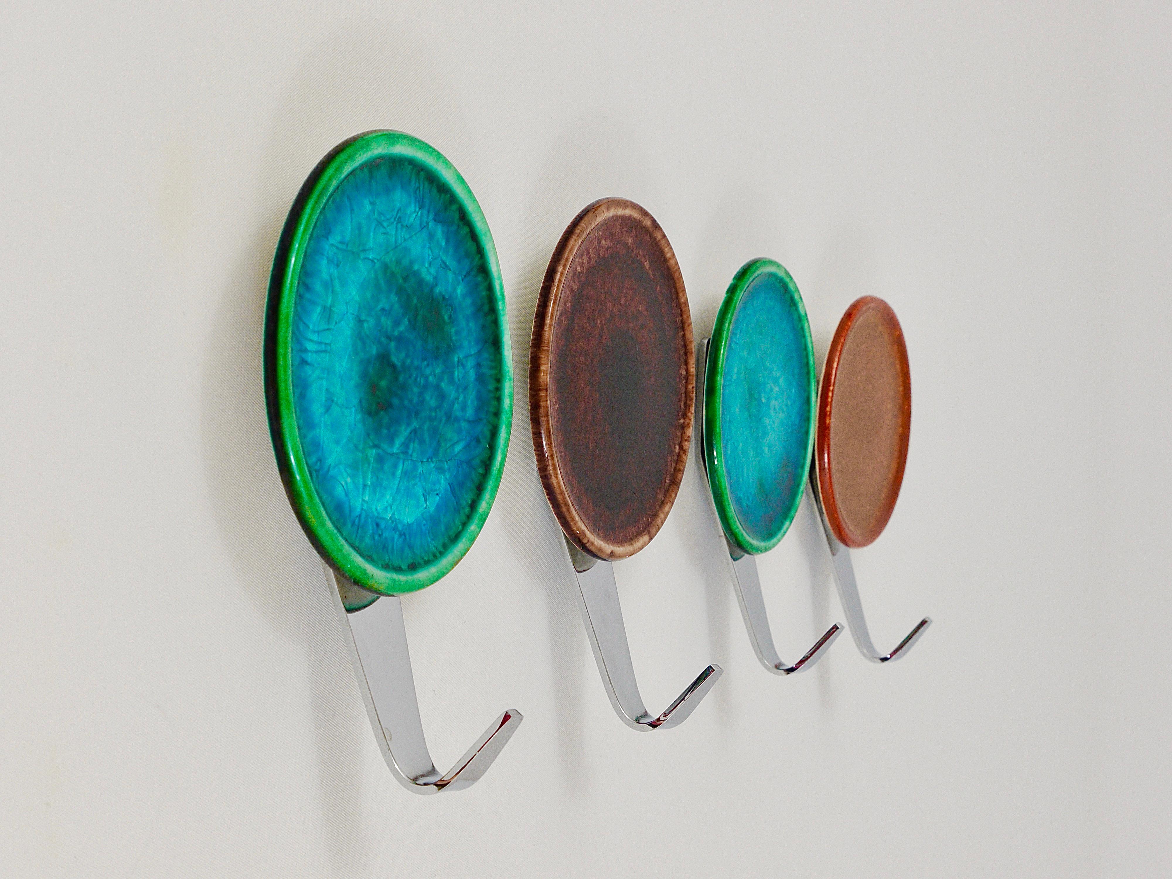 Set of Four Beautiful Wall Coat Hooks with Enameled Covers, Italy, 1960s 1