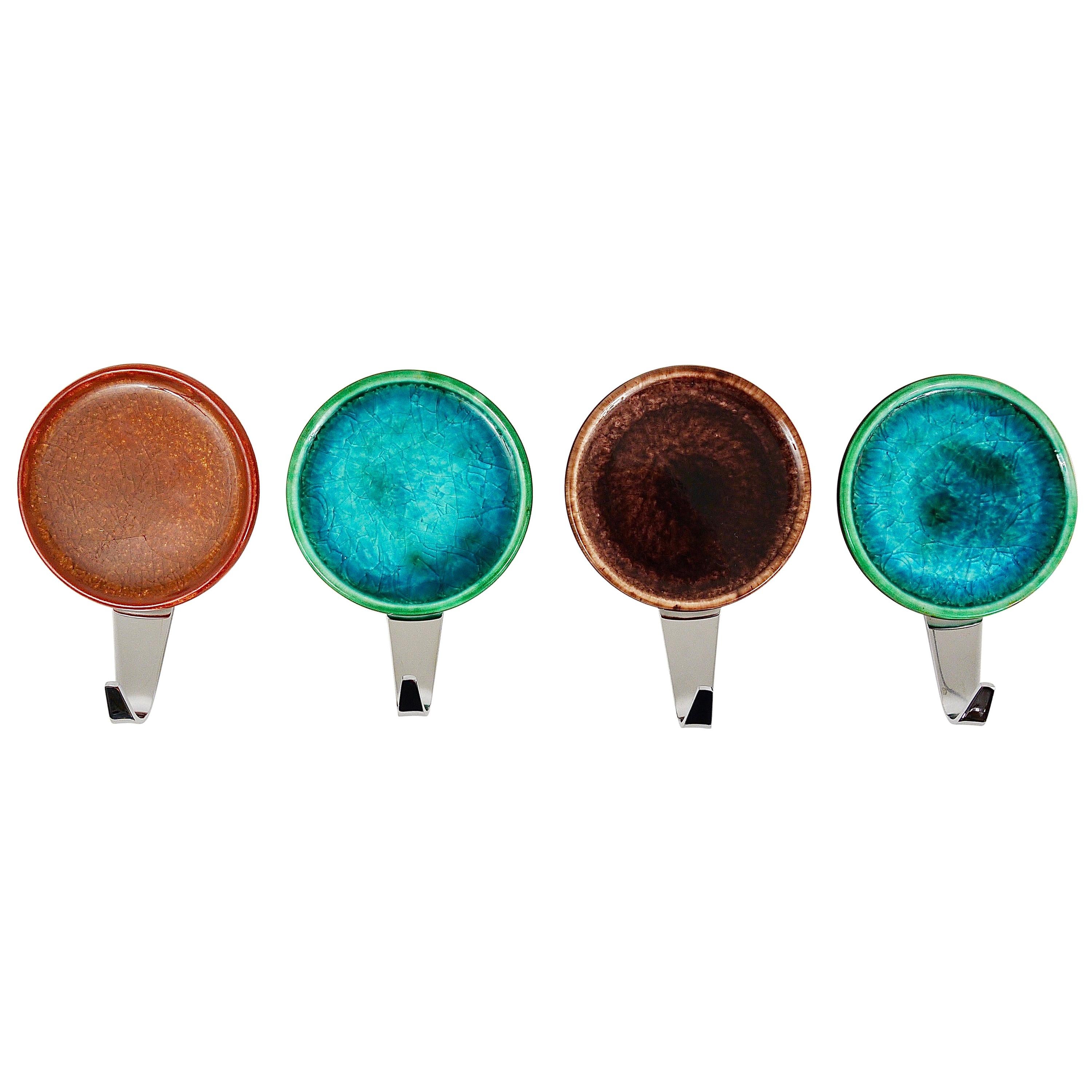 Set of Four Beautiful Wall Coat Hooks with Enameled Covers, Italy, 1960s