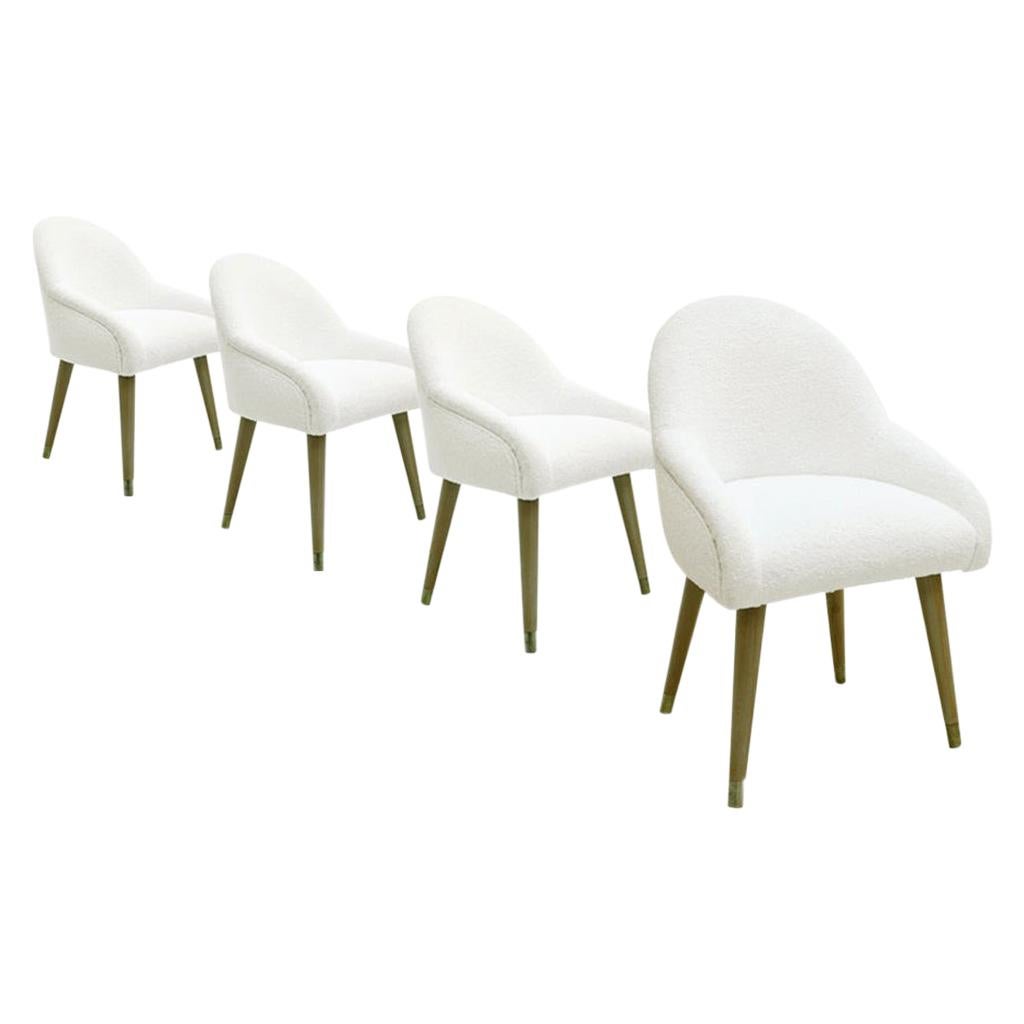 Set of Four Beechwood, Brass and Boucle Chairs For Sale