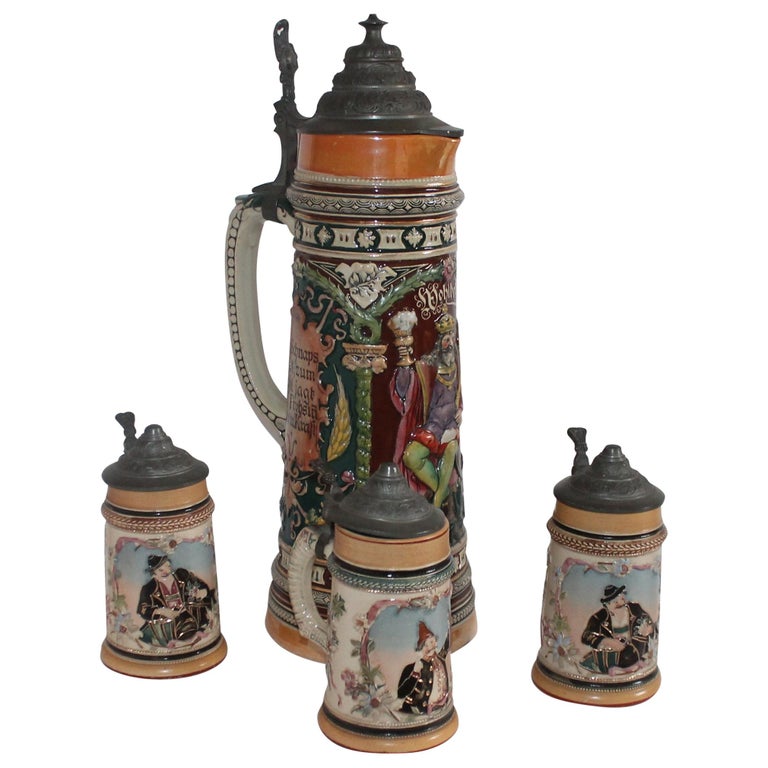 Set of Four Beer Mugs Set with Pewter Lids For Sale at 1stDibs