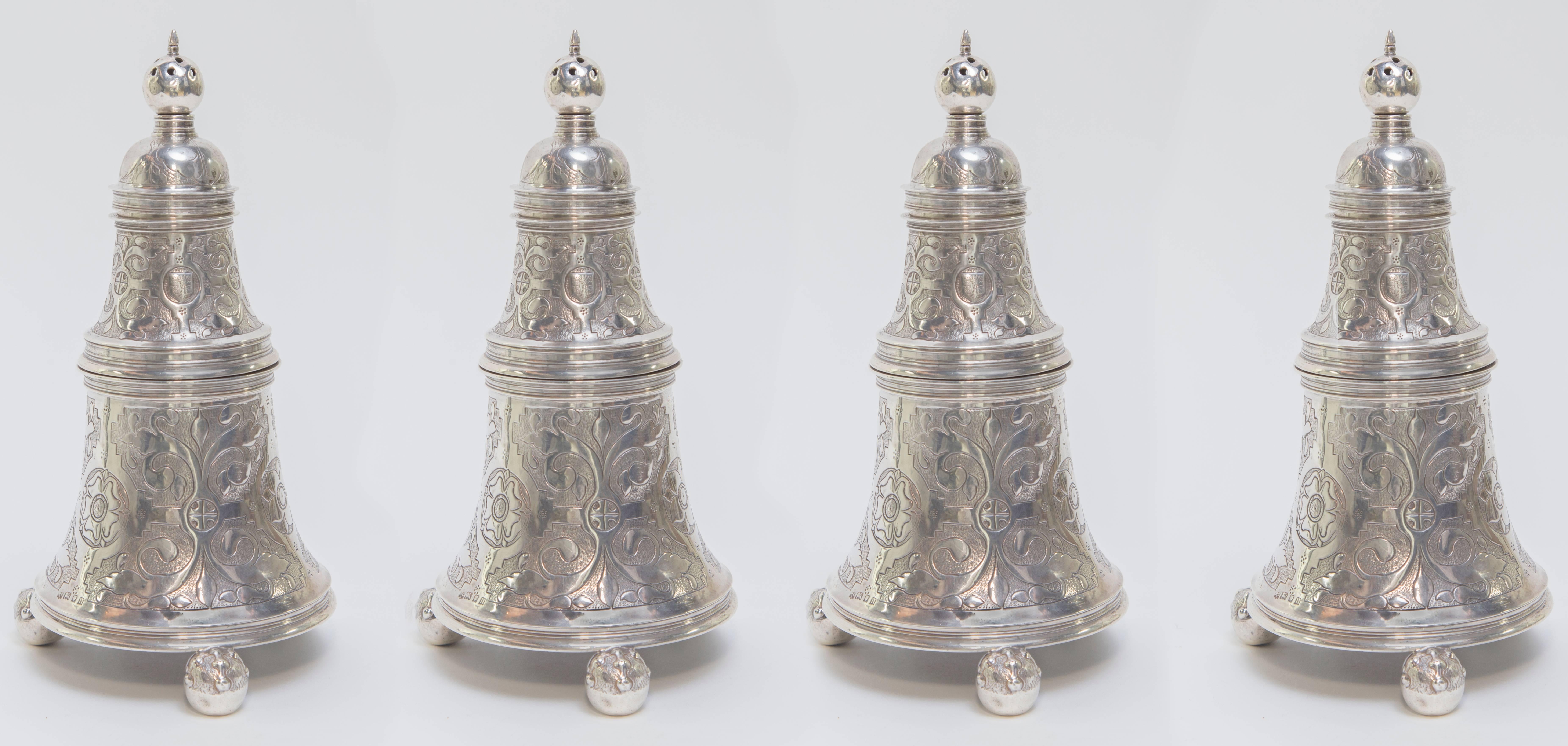 Each set of four bell salt is comprised of two containers and a pepper shaker. The decoration is in reserve on a ring-punched ground, and consists of leaves of several types set in roundels or lozenges or elsewhere just set into the ring-punched