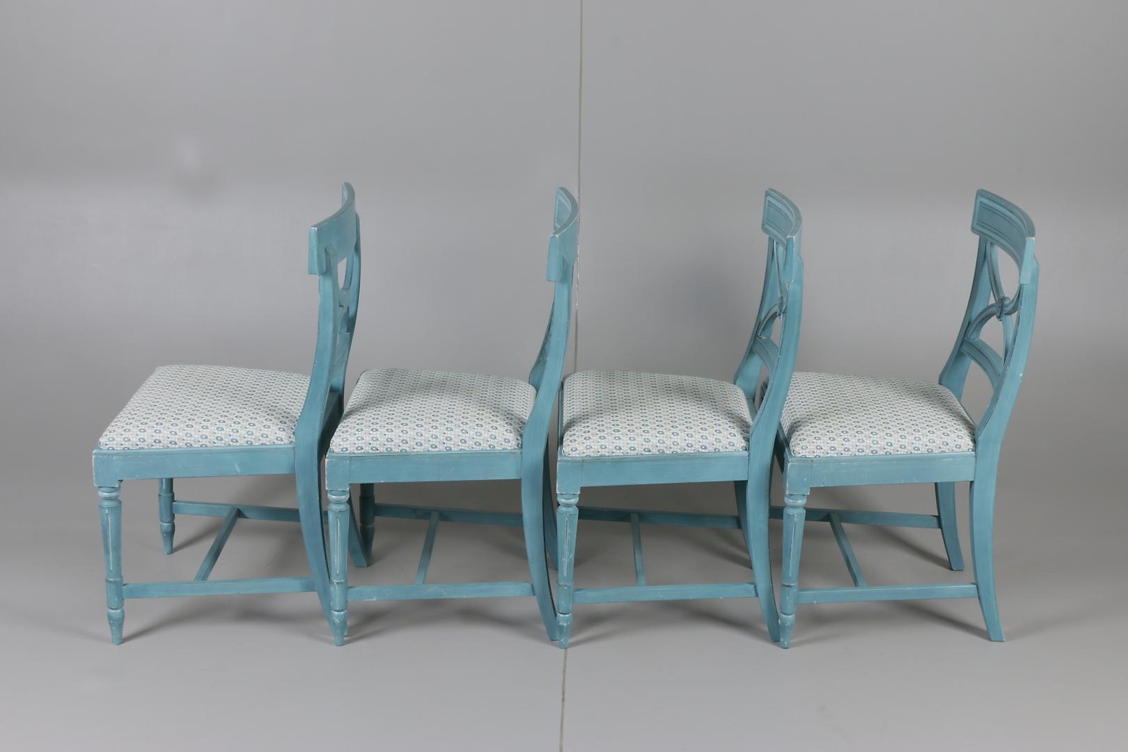 Four chairs in the Bellman style. Hand painted a soft blue, with a removable seat. Lovely, sturdy and easily recovered. Works with Gustavian pieces and at home in a city loft as well as a country home.