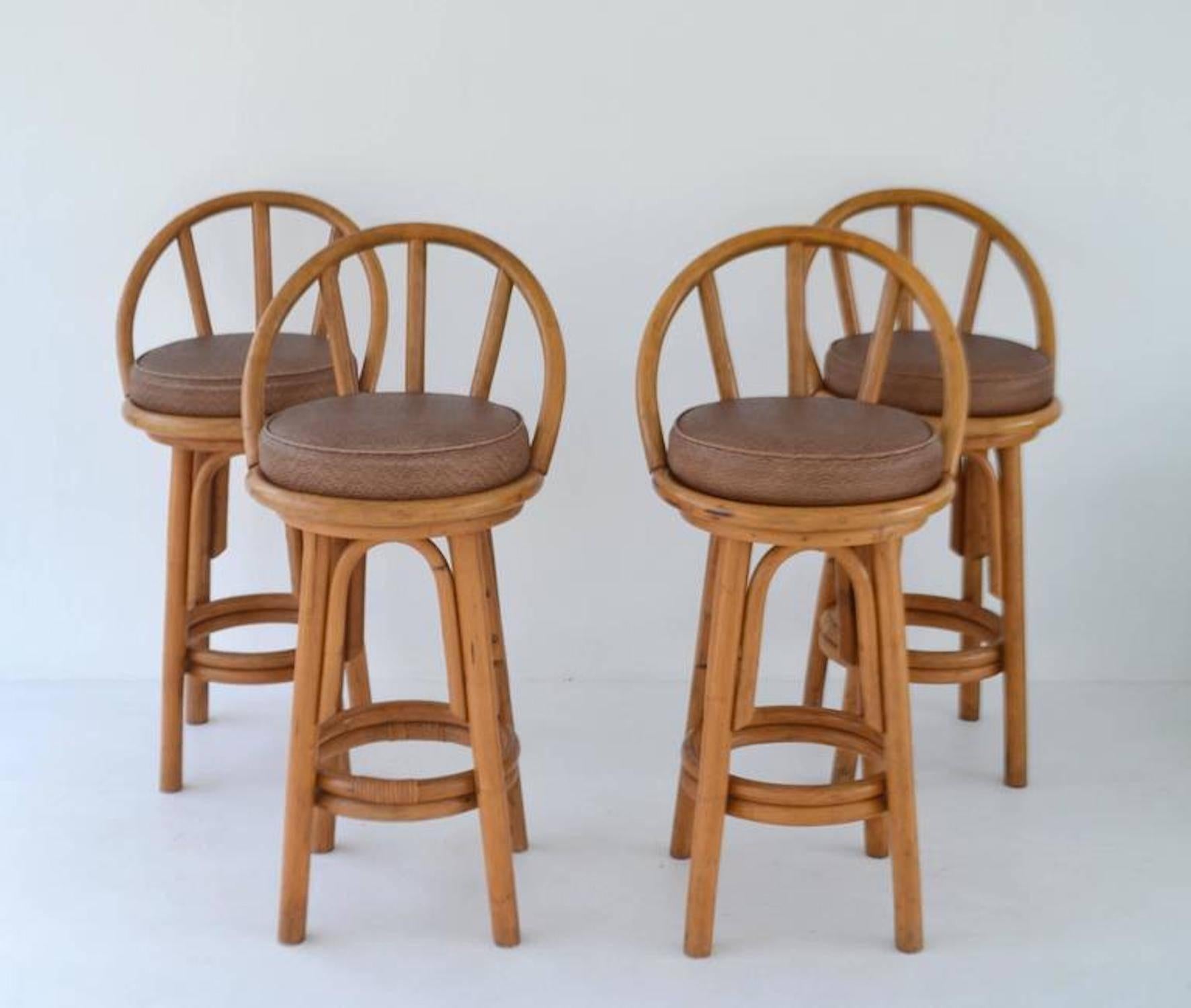 Leather Set of Four Bent Bamboo Bar Stools For Sale