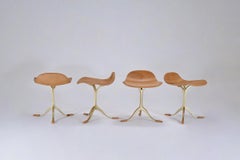 Set of 4 Bespoke Sand Cast Brass Stools in Marron Glacé Leather