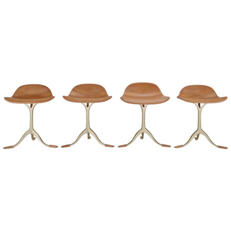 Set of 4 Bespoke Sand Cast Brass Stools in Marron Glacé Leather For Sale