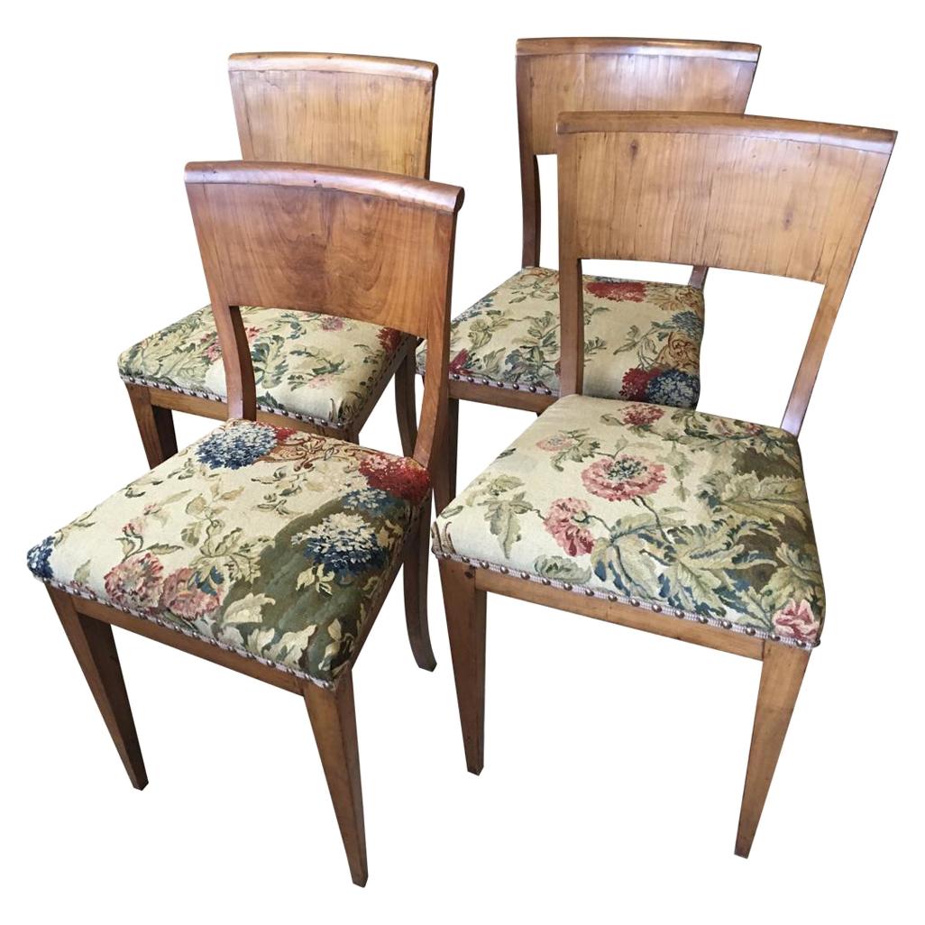 Set of Four Biedermeier Birch Dining Side Chairs with Tapestry