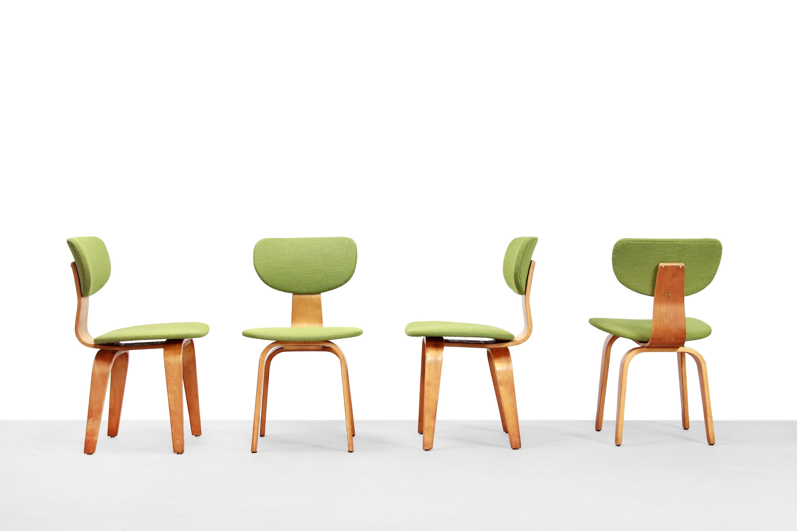 A set of very beautiful and rare model SB03 chairs designed by Cees Braakman for Pastoe. These dining room chairs are hard to find today, especially as a complete set. These chairs are clearly inspired by the Charles Eames LCW chairs, but that's not