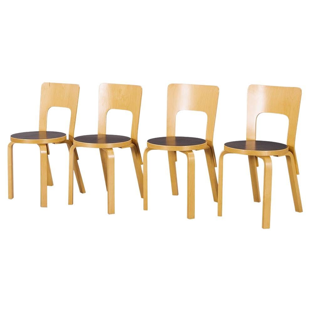 Set of Four Birch Dining Chairs Model 66 by Alvar Aalto, Finland, 1980s