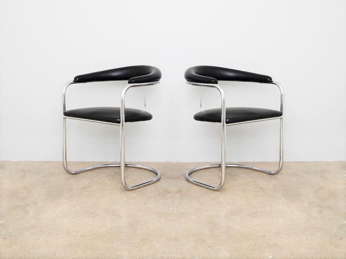 Late 20th Century Set of Four Black Anton Lorenz for Thonet Chrome Chairs For Sale